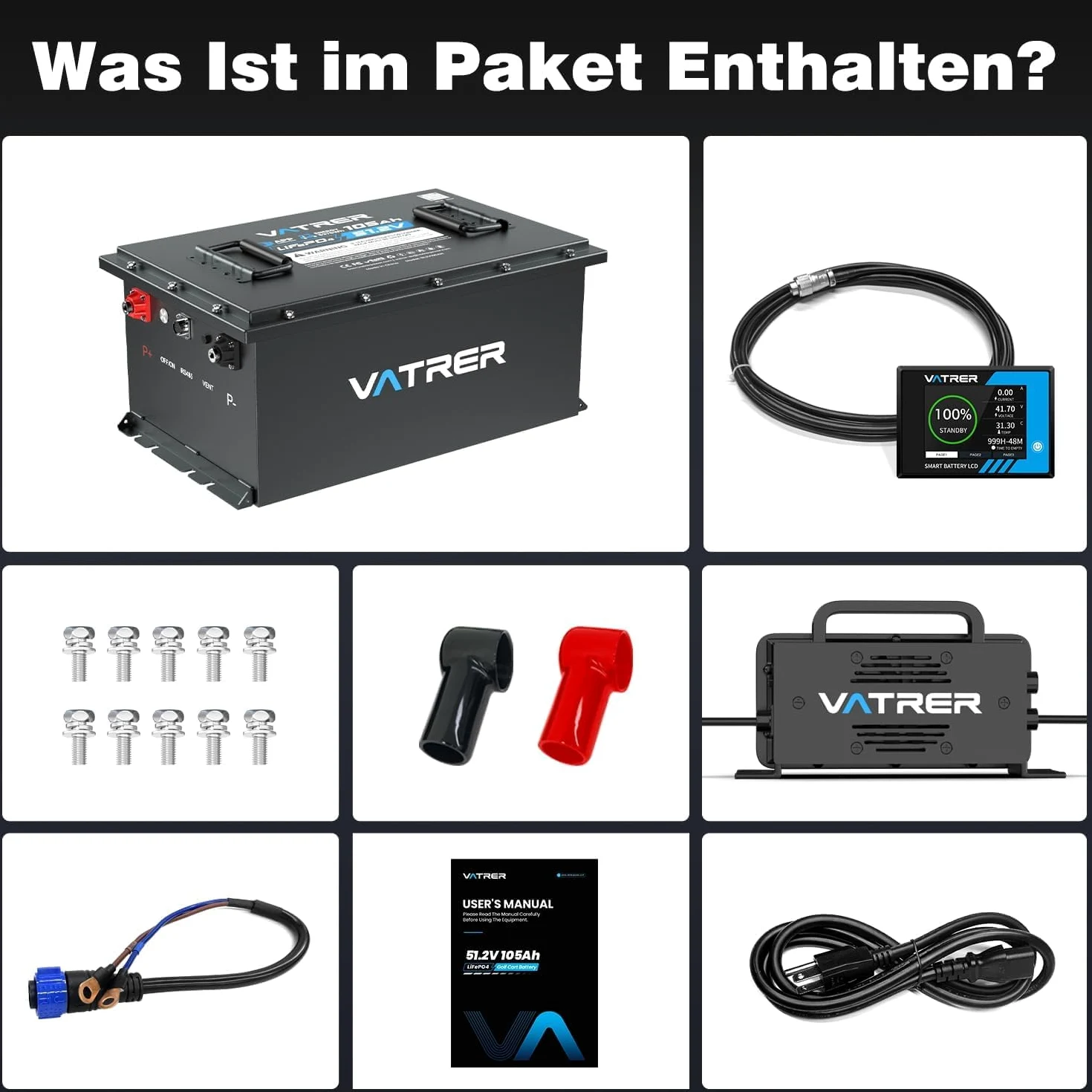 VATRER POWER Batterie LiFePO4 51,2V 105Ah Voiturette Golf, Écran Tactile | App Bluetooth · BMS inteligente de 200 A ·Compatible con Club Car, EZGO, Yamaha, Garia, Melex e Italcar