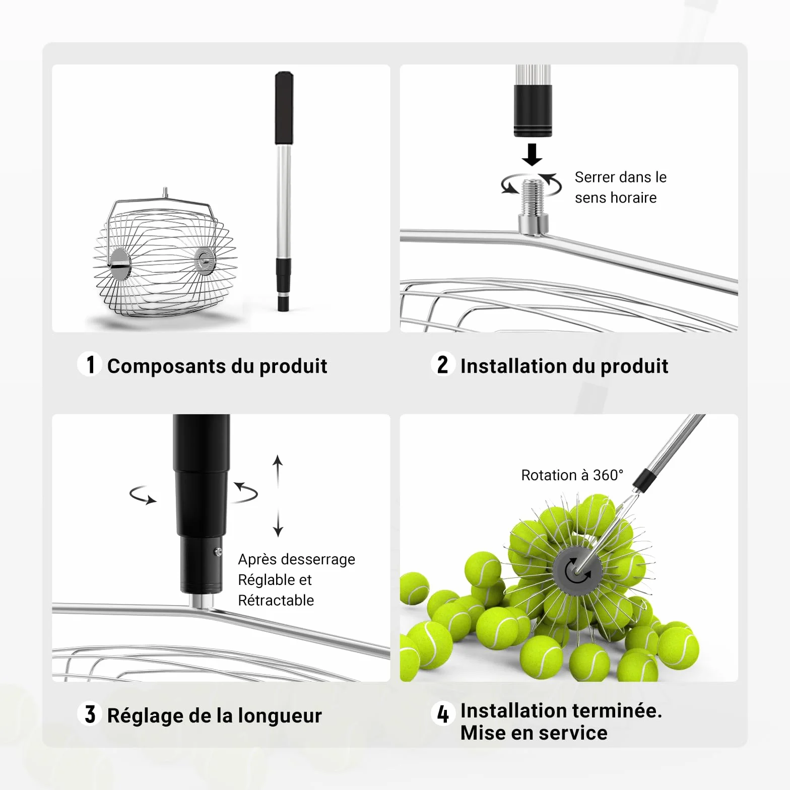 NEEWER Basics TB05S - Recolector de Pelotas de Tenis, no más agacharse, recogedor Ovalado de 80 – 144 cm, recogedor telescópico para hasta 35 Pelotas de Tenis