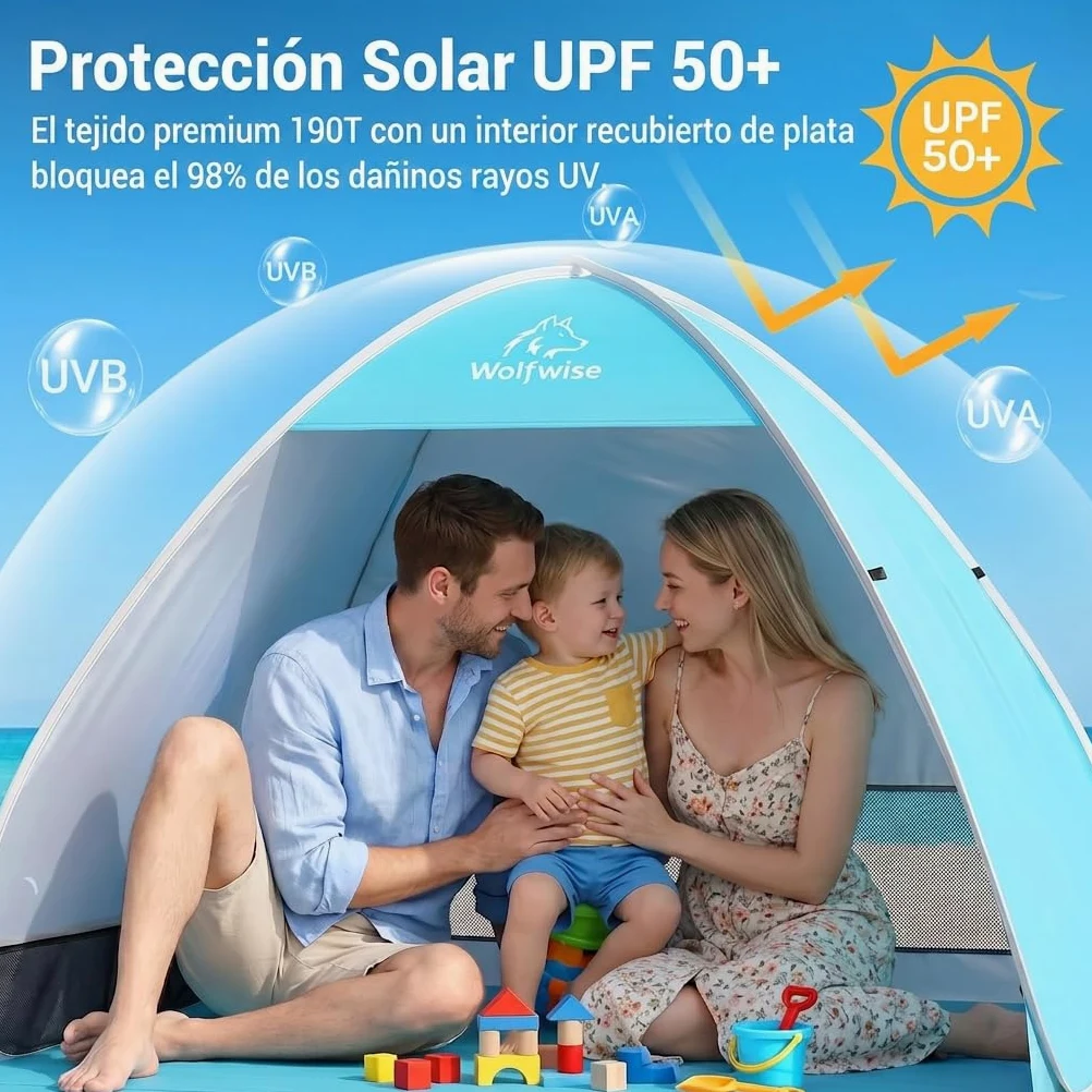Wolfwise Carpa de Playa desplegable para 2-3 Personas, Refugio de Playa con protección UV 50+, Montaje en Segundos, Repelente al Agua y ventilada, 150 x 120 x 110 cm (59 x 47 x 43 in), Azul