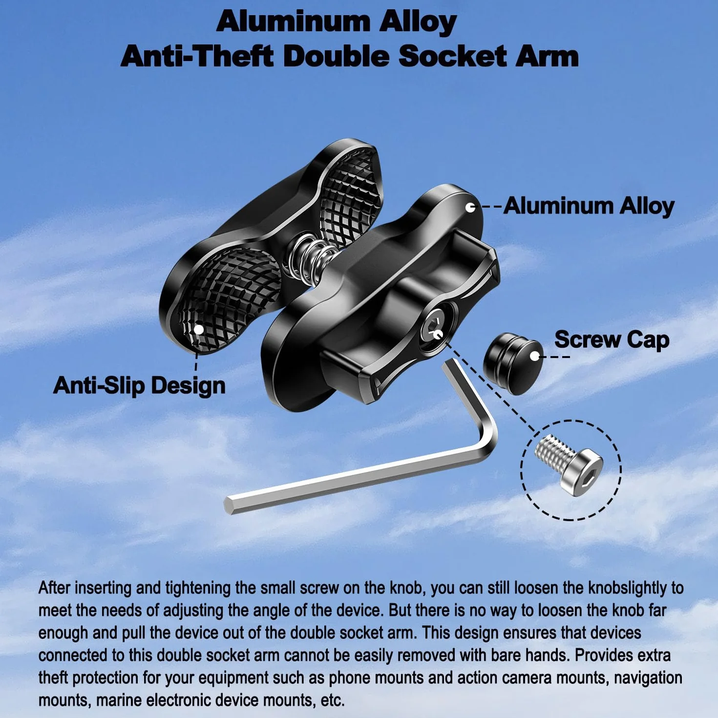 iMESTOU Brazo Doble Antirrobo de 1 Pulgada para Soportes RAM Tamaño B. Adaptador de Rótula de Seguridad de Aluminio Aeronáutico con Ajuste sin Herramientas, Longitud de 2.5 Pulgadas