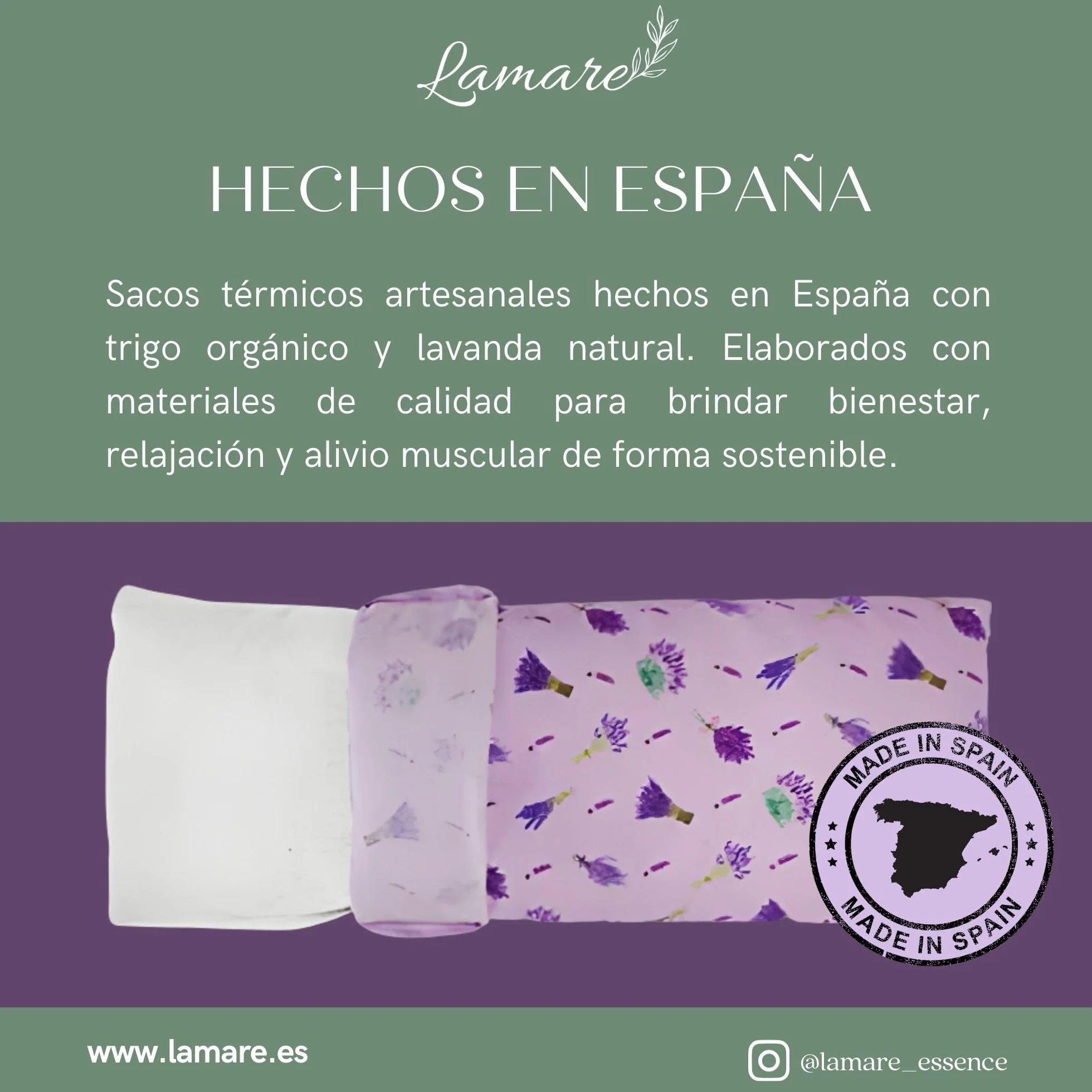 LAMARE Cojín Térmico de Semillas Microondas Trigo y Lavanda 48x15 cm Funda Lavable 100% Algodón