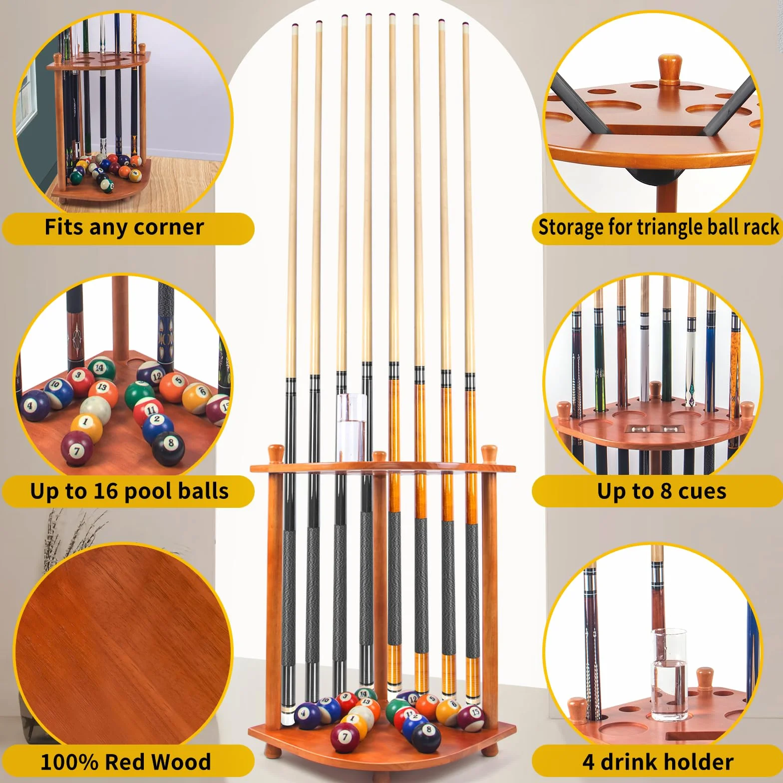 AKLOT Soporte para Tacos de Billar, Capacidad para 8 Palos y Juego Completo de Bolas de Piscina