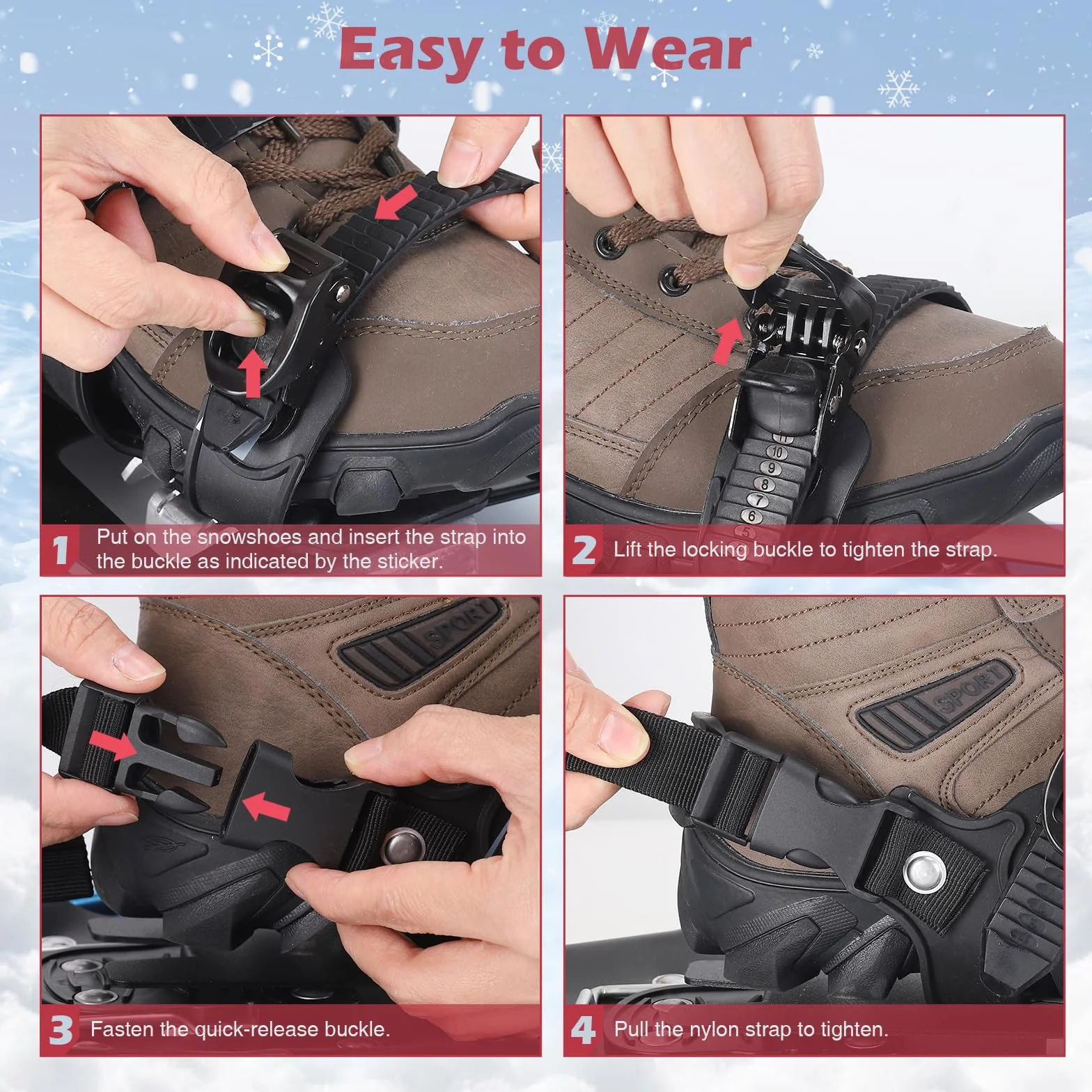 Kit de Raquetas de Nieve 4 en 1 para Hombres, Mujeres y Jóvenes, Raquetas Ligeras de Aluminio con Bastones de Senderismo Ajustables, Polainas Impermeables y Bolsa de Transporte (Rojo, 53/63/76cm)