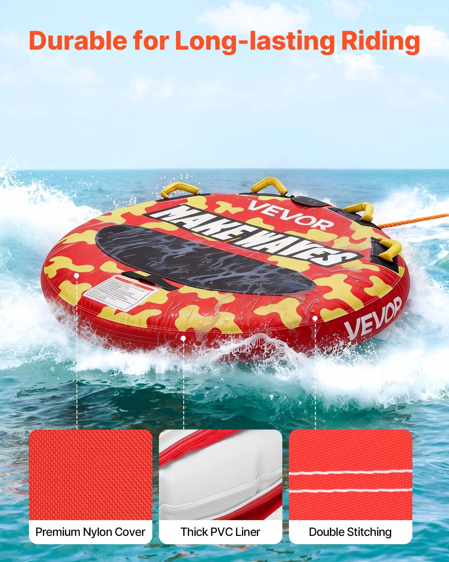 VEVOR Flotador de Arrastre Inflable 130 cm, Remolcable Carga 154 kg para 2 Personas, Cubierta de Nailon, Almohadilla Antideslizante, Rojo