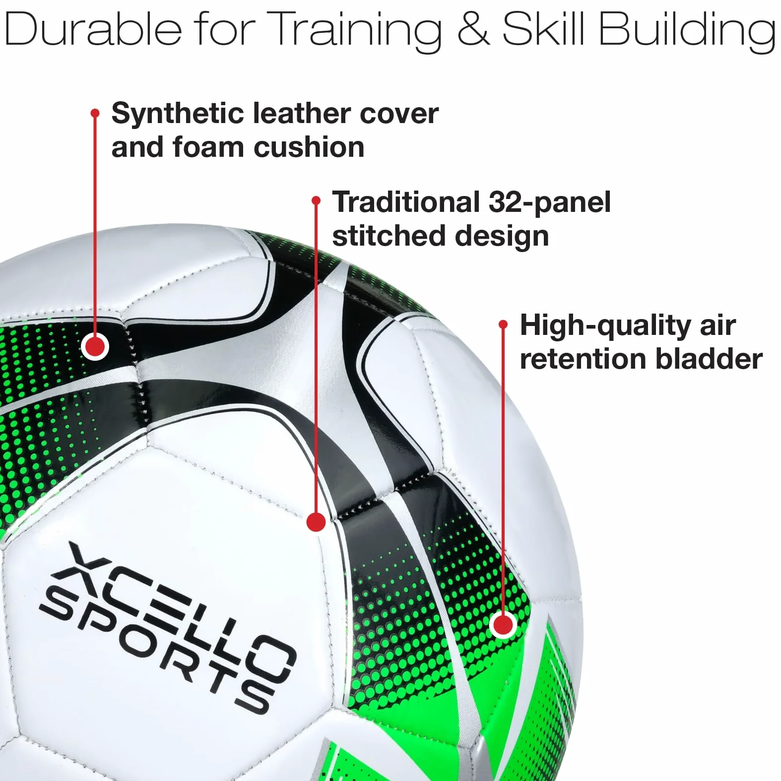Xcello Sports Balón de fútbol (negro/verde/plata, blanco/verde/plateado) con bomba, tamaño 3, 4 o 5 y 2, 6, 12 o 24 paquetes