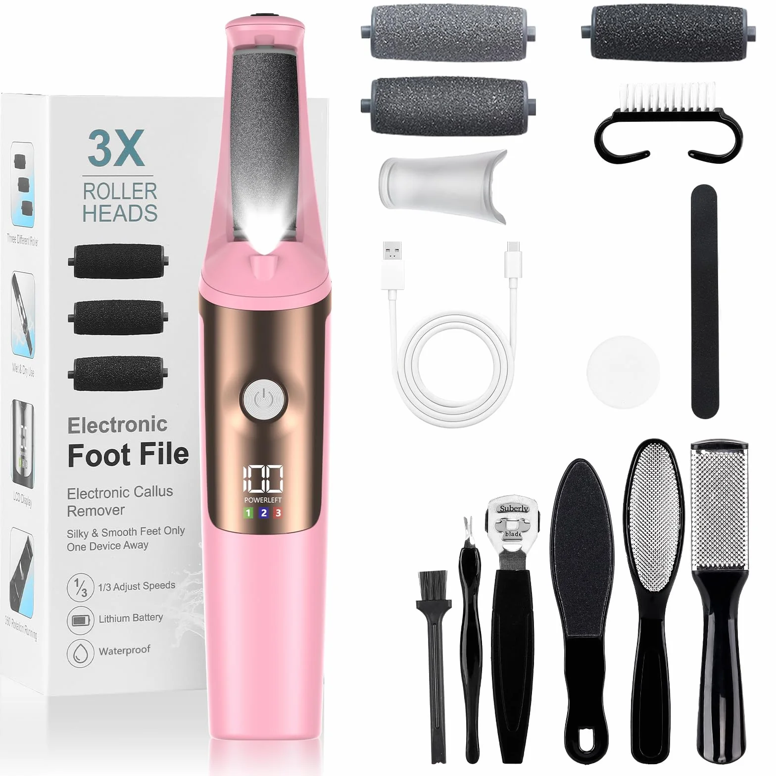 Lima Eléctrica Profesional Pedicura, 3 Velocidades, Impermeable, Larga Vida de Batería, Rosa