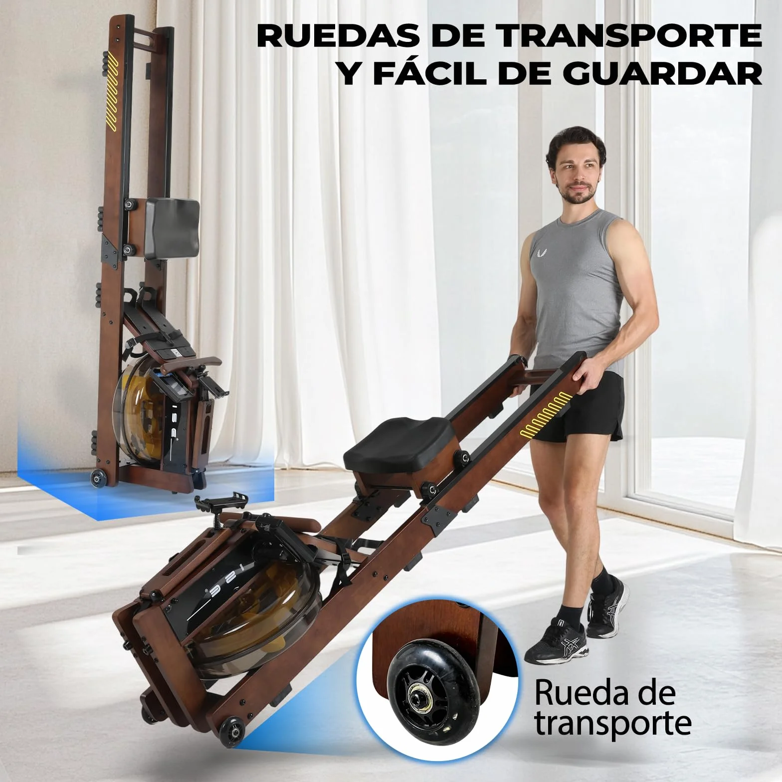 ISE Máquina de Remo de Agua de Madera de Roble, Remeros de Casa con Bomba de Agua Manual, Pantalla LED Ángulo Ajustable, App, Soporte para Tableta