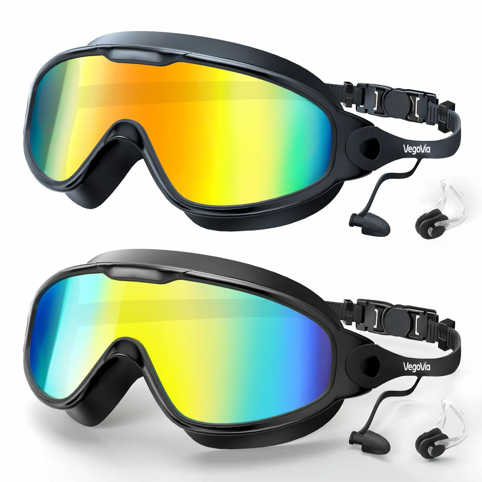 VegoVia Paquete de 2 gafas de natación para adultos, jóvenes, hombres y mujeres | Gafas de natación antivaho para piscina, protección UV, sin fugas, de silicona, tapones para los oídos, agua abierta