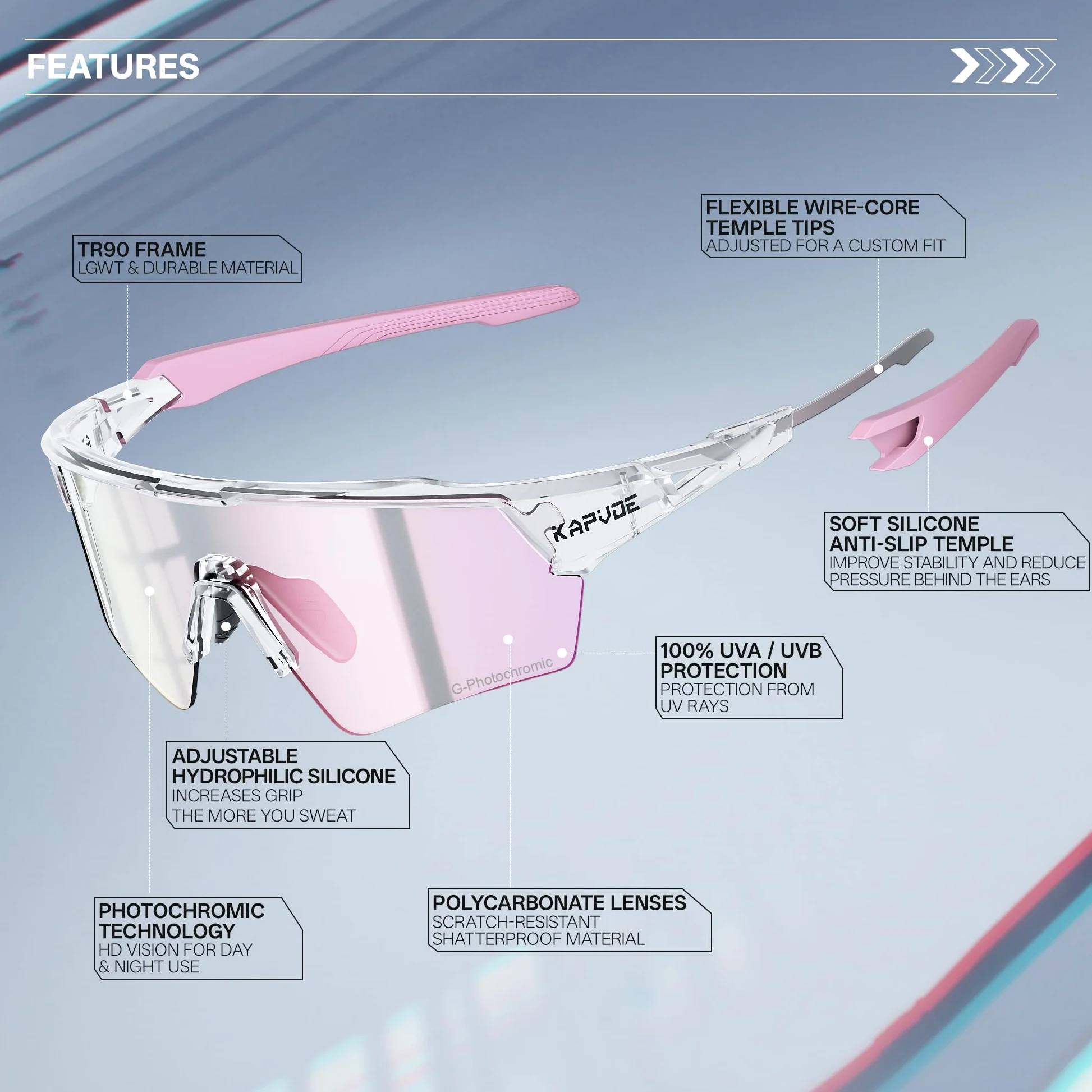 KAPVOE Gafas de Ciclismo Fotocromáticas UV400 TR90 Hombre Mujer K198 | Transición fotocromática, UV400, diseño de media montura, patillas con núcleo metálico