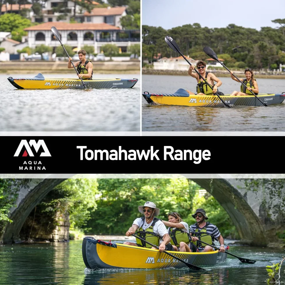 Aqua Marina Tomahawk Air-K Kayak Inflable de Alta presión para 2 Personas, 440 cm de Longitud, Marino/Amarillo