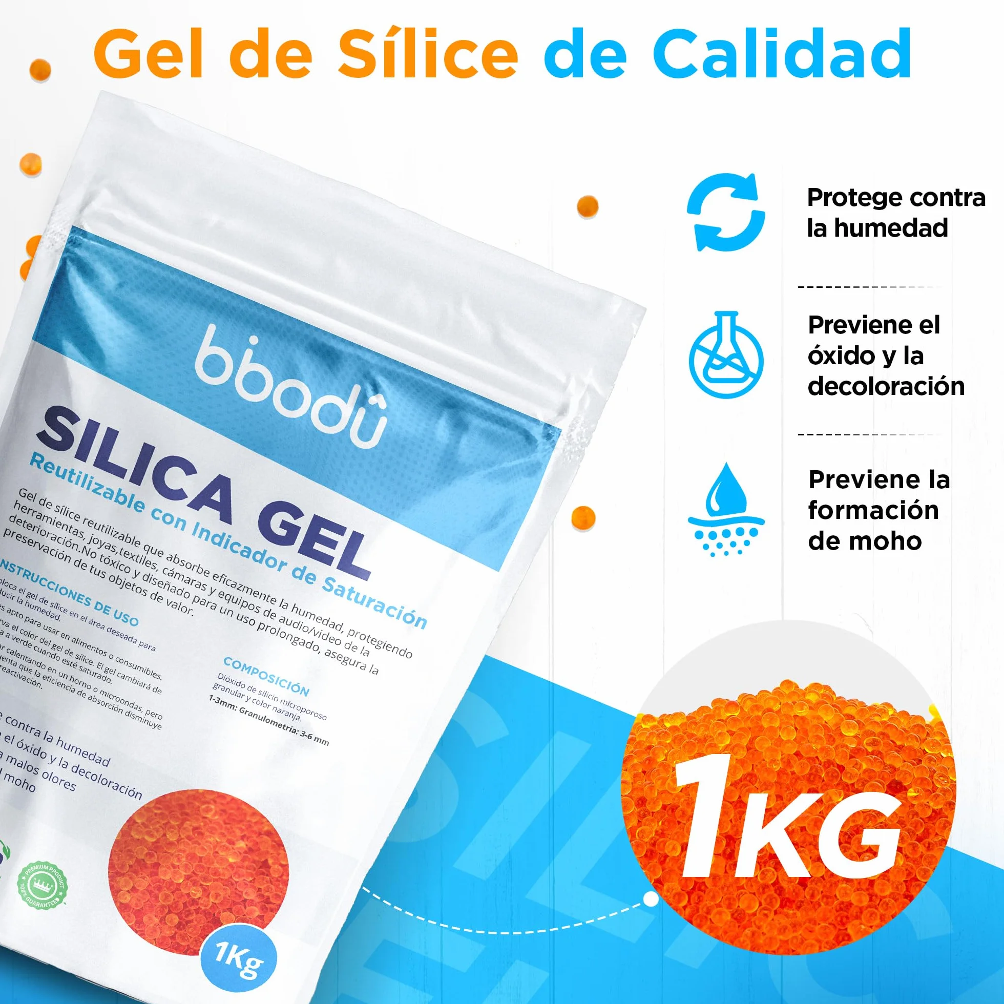 Gel de Sílice Naranja 1KG + 10 Bolsas Reutilizable con Indicador de Saturación