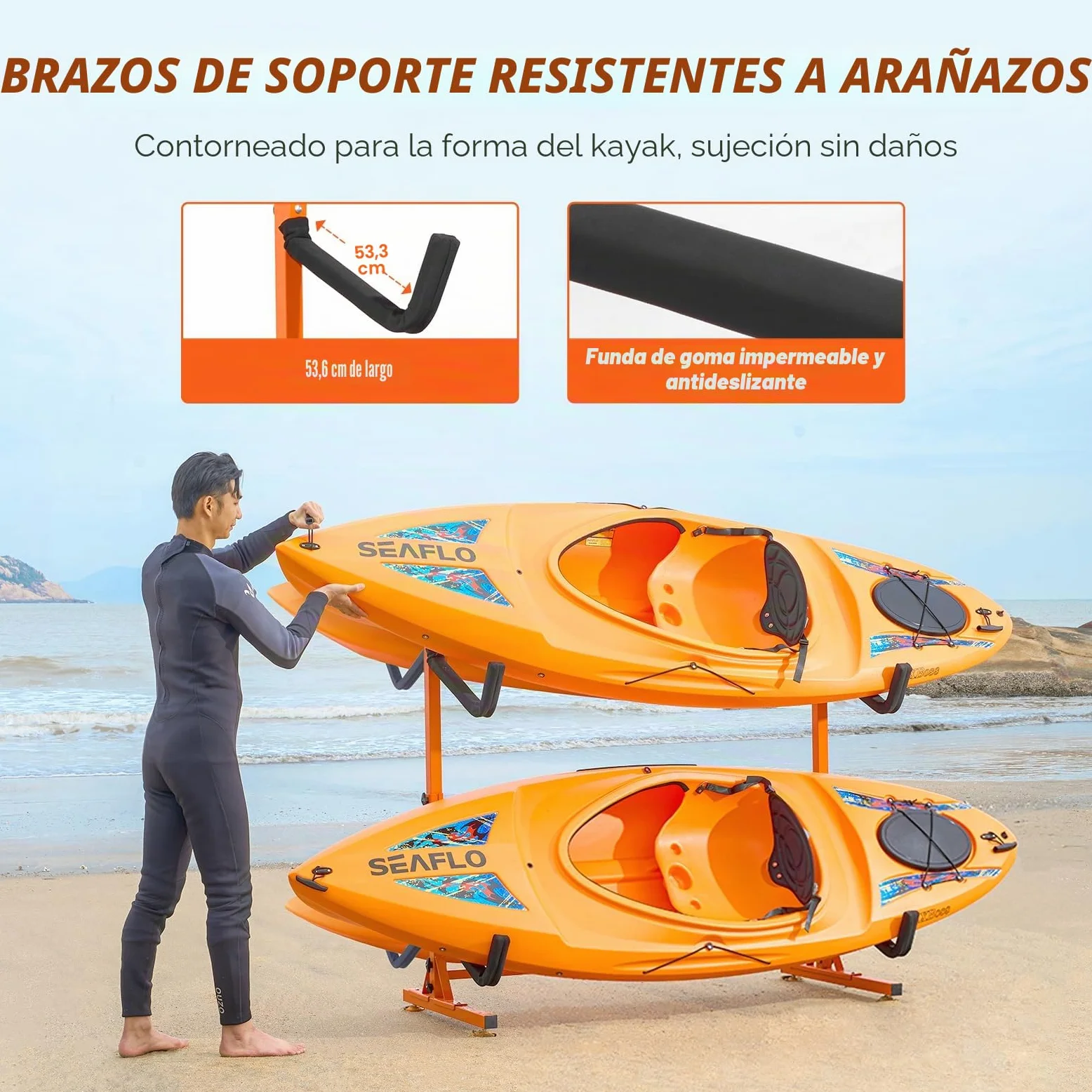 VEVOR Soporte para Kayak Independiente, 4 Piezas de Capacidad, Porta Kayak, Remo para Canoa, Soporte para Tabla de Remo de Acero Resistente con Brazos Acolchados, Ancho Ajustable, Carga 100 kg