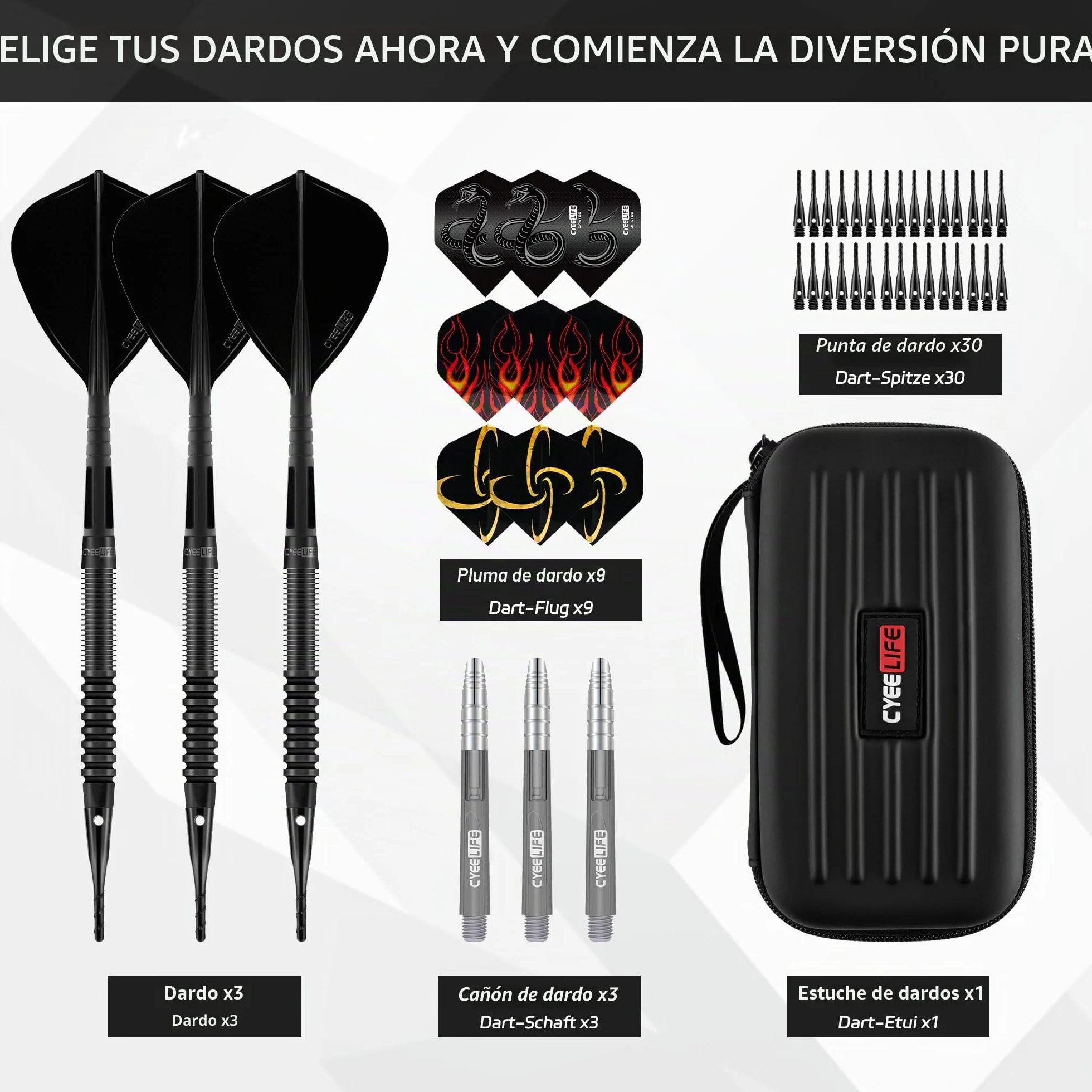 Dardos CyeeLife 90% tungsteno 3 Unidades Juego Profesional con Plumas cañas y Puntas Negro