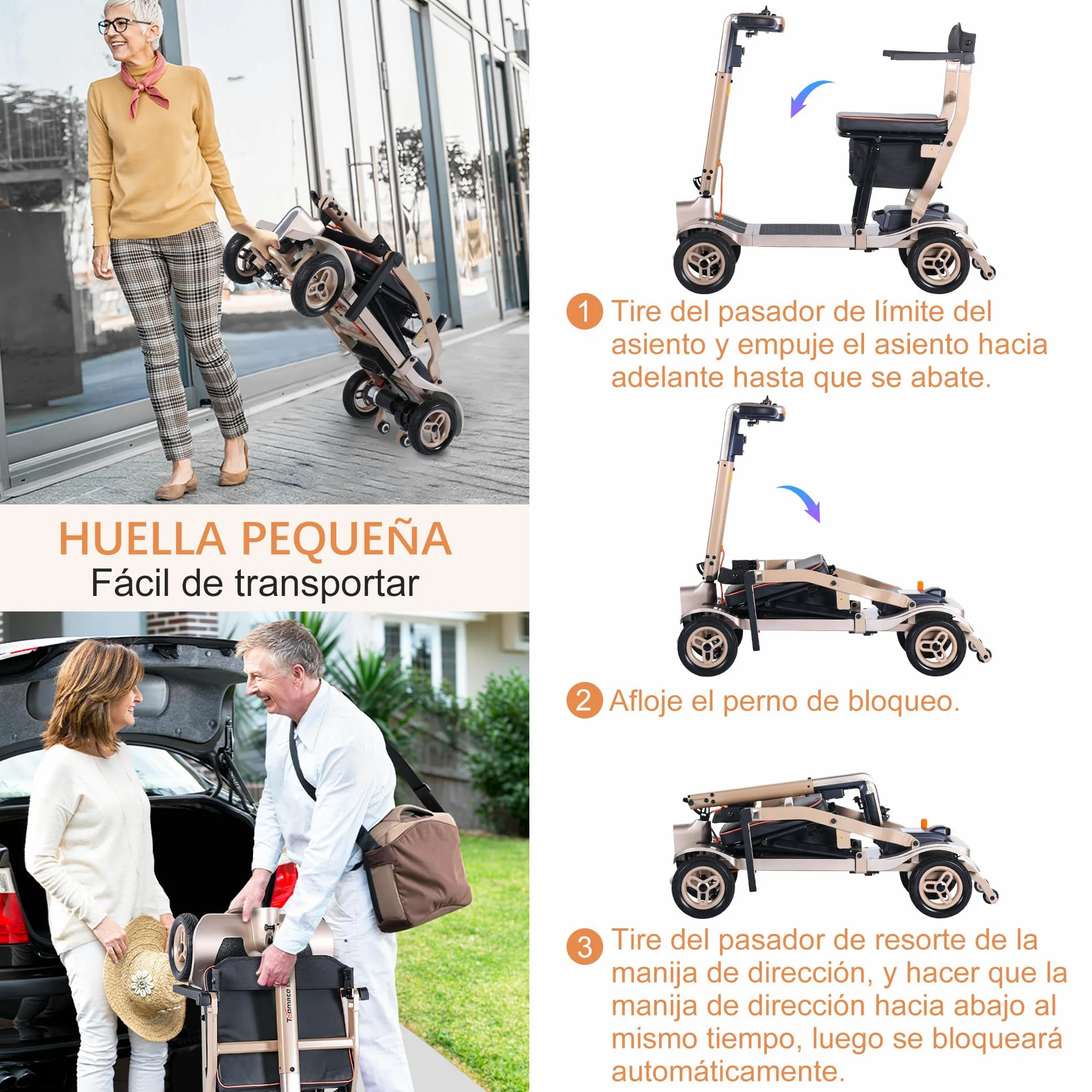 TopMate ES40 Patinete de Movilidad para Adultos, Ligero Plegable, Patinete de Movilidad Plegable para Personas Mayores con Batería Extraíble, Luces LED y Bolsa de Almacenamiento - Oro Rosa Negro
