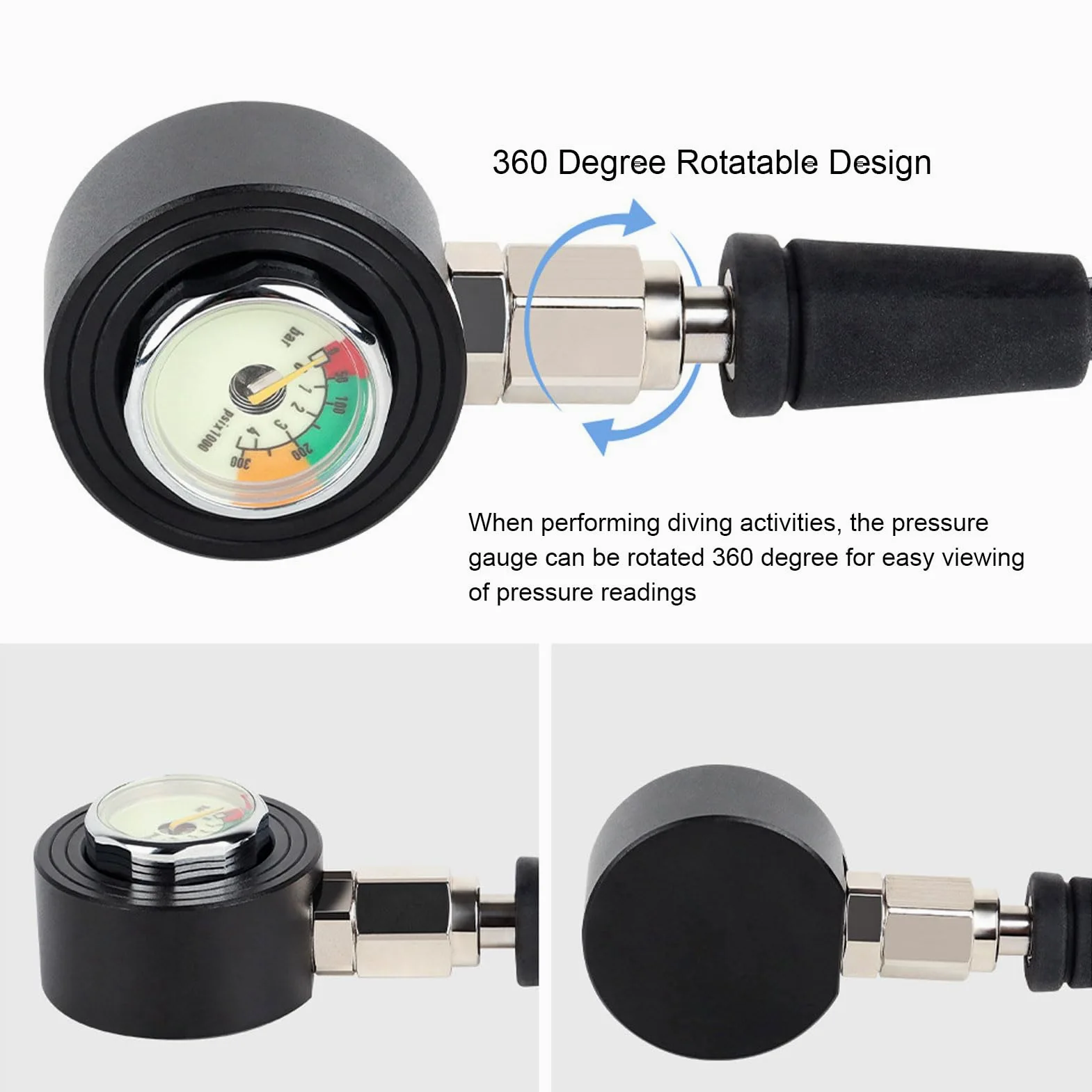 aqxreight Manómetro de Buceo, Instrumento Sumergible Profesional con Rotación de 360 ​​Grados y Pantalla Luminosa, Manguera de Fibra de Carbono y Construcción de Aleación de Aluminio, Compatible con