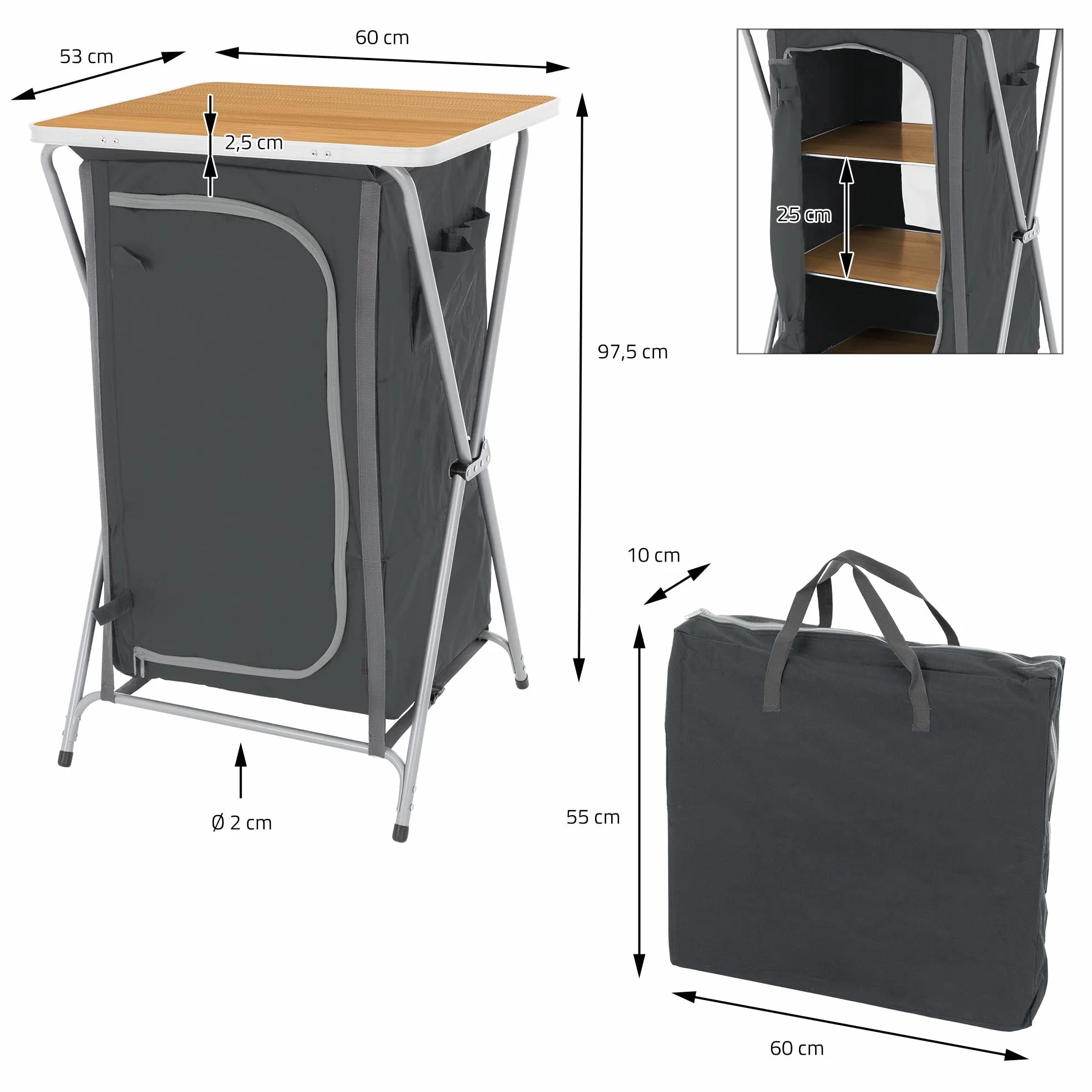 ECD Germany Armario de camping plegable, color gris y madera, 64 x 97,5 cm, con estructura de aluminio, caja de cocina portátil con encimera, 2/3 estantes y bolsa de transporte, armario plegable de tela