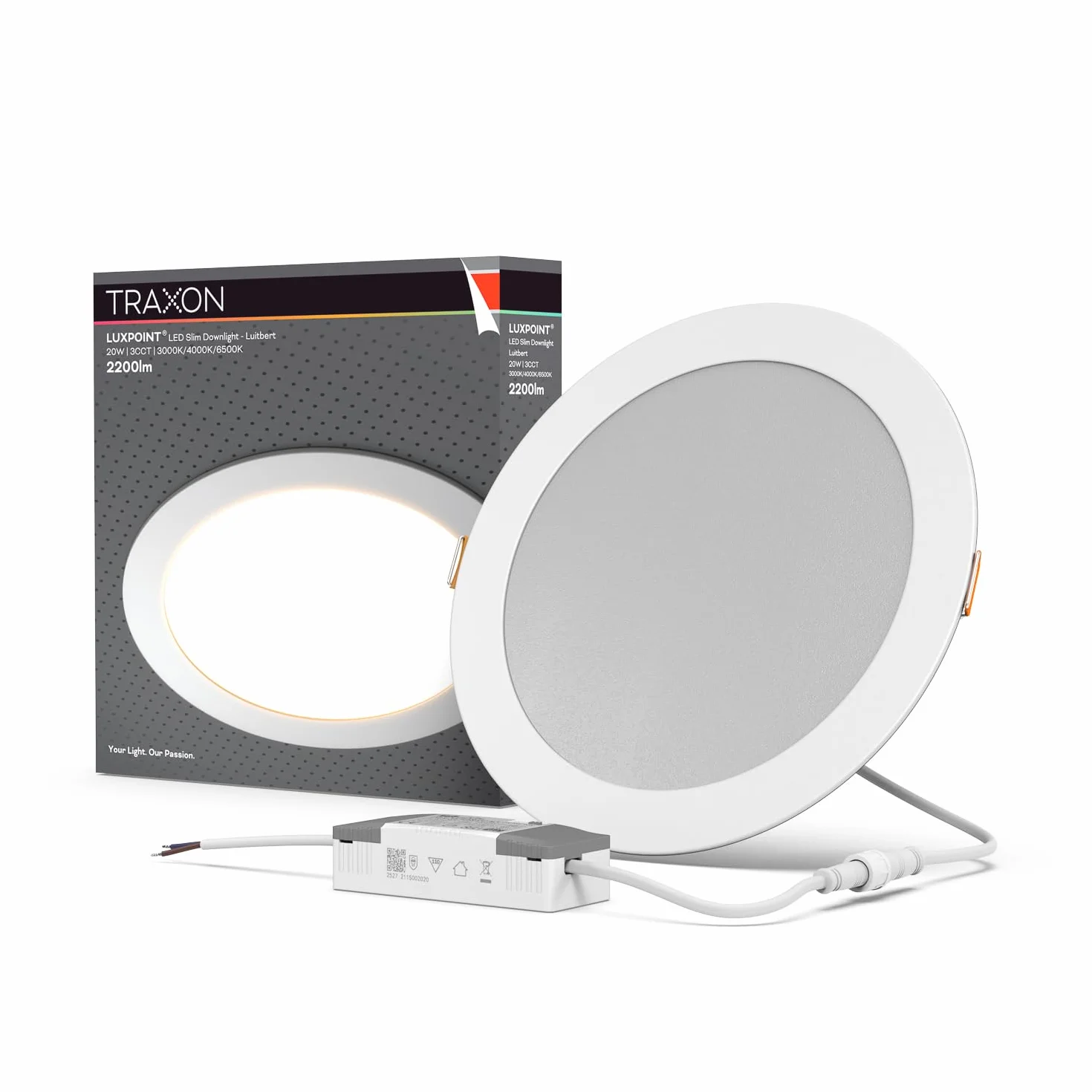 TRAXON LUXPOINT® Downlight LED Empotrable Slim 20W 3CCT 3000K/4000K/6500K con Driver Externo, Panel LED Redondo Ø224mm Corte 205-210mm, Foco LED Techo Interior 120° 220-240V (Blanco, 20W CCT)