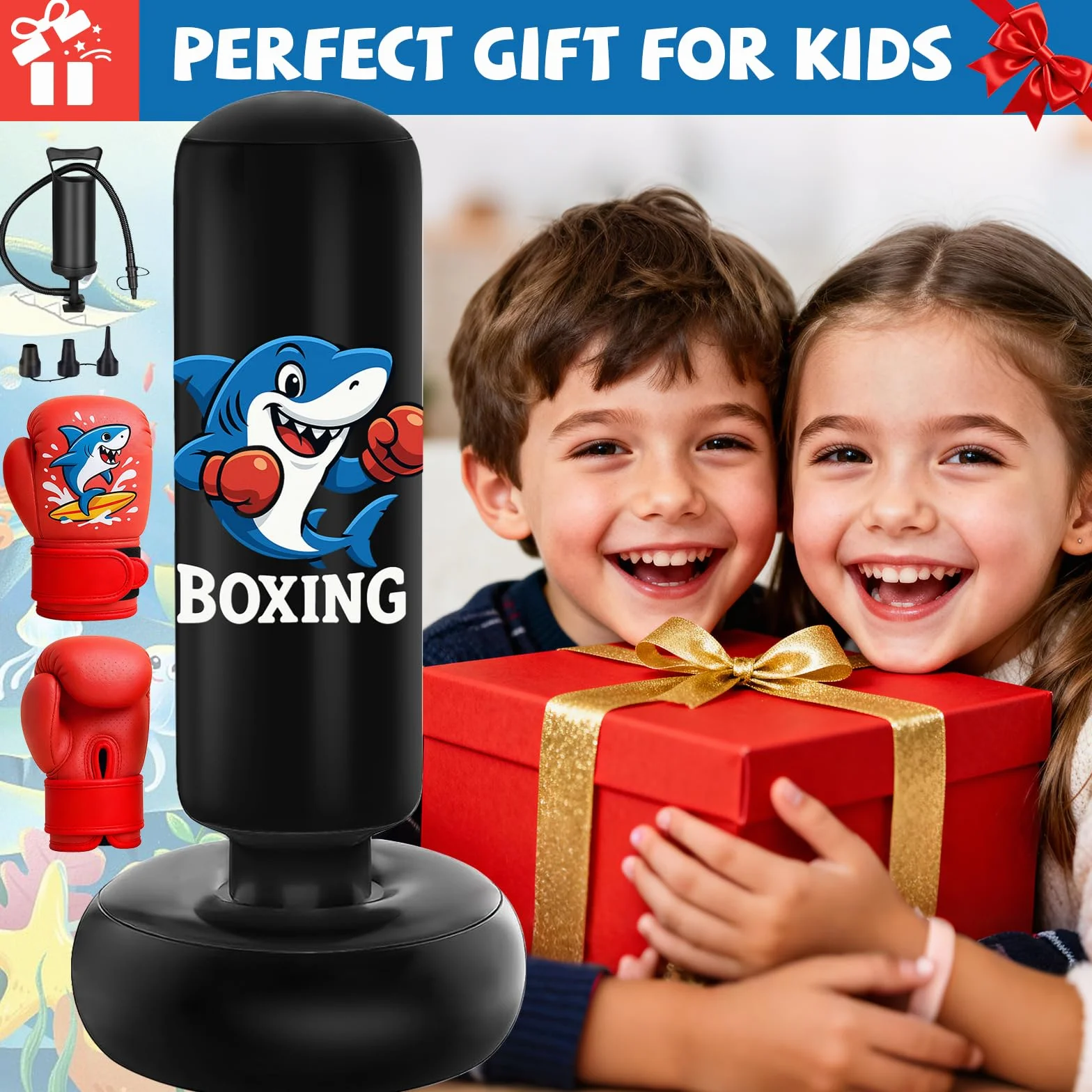 Saco de Boxeo Niños 3-8 Años 130cm con Bomba de Aire y Guantes, Bolsa de Boxeo Inflable para Karate Kickboxing MMA