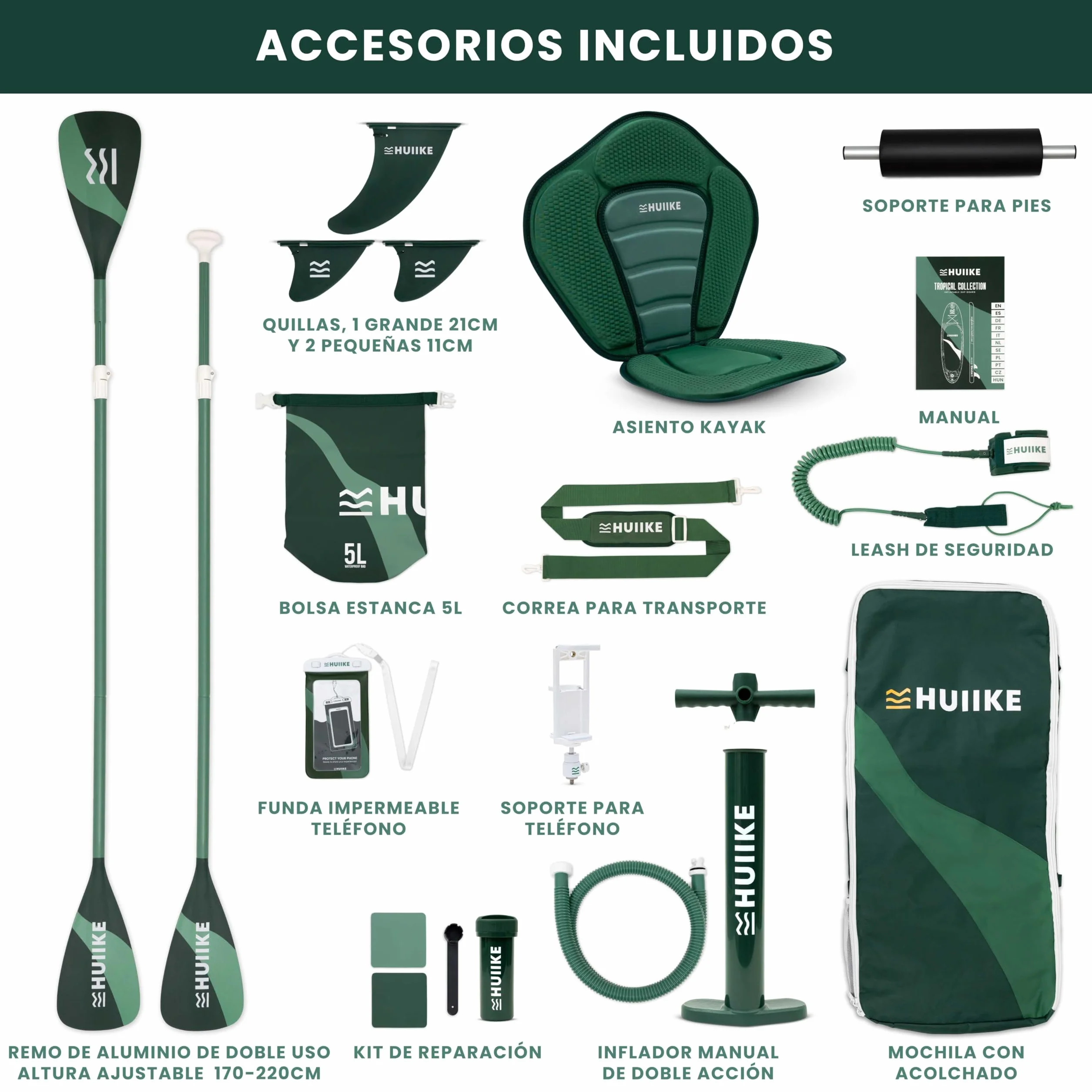 HUIIKE Tabla Paddle Surf Hinchable con Accesorios Incluidos, Remo, Quillas, Inflador. Stand Up Paddle Board Gran Estabilidad y Resistencia. 305 x 84 x 15 cm, Soporta hasta 130 kg
