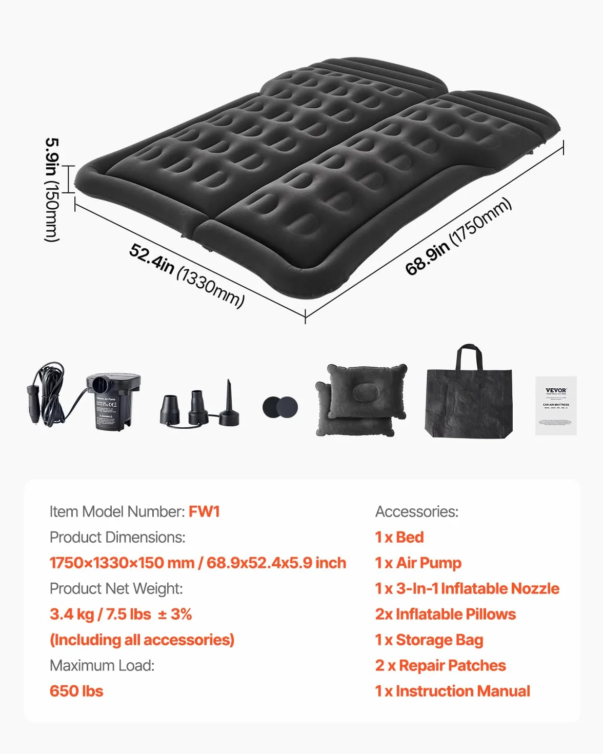 VEVOR Colchón Inflable de Camping para Coche, Grueso y Aterciopelado, Duradero con Bomba de Aire, 2 Almohadas, Boquilla y Bolsa de Transporte, para SUV, MPV y Sedán, Negro, 1750 x 1330 x 150 mm