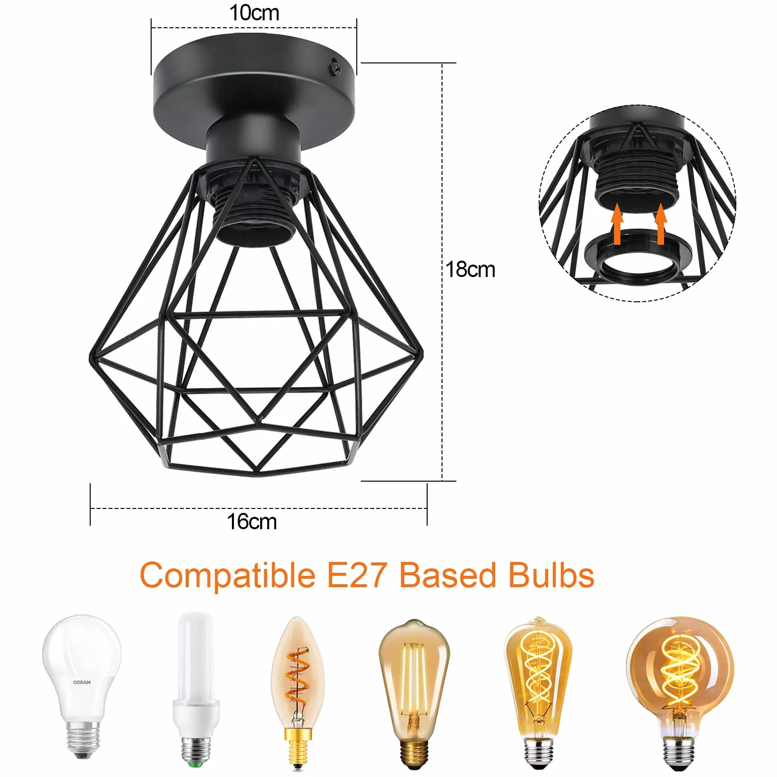 Lámparas Colgante Vintage Industrial Metal Techo E27 Jaula Geométrica Ø 16cm Negro 1 Luz