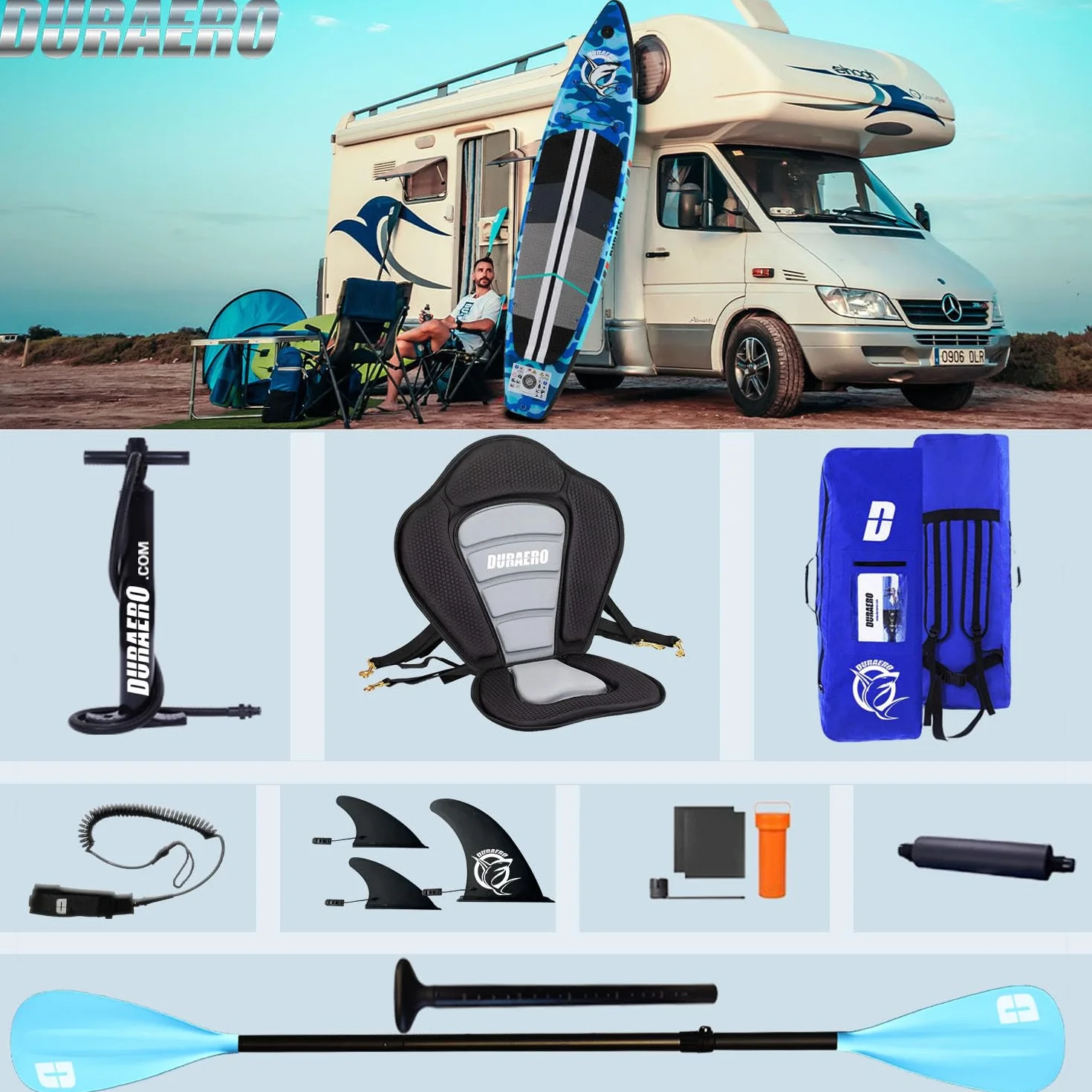 Tabla Hinchable de Paddle Surf con Asiento de Kayak, 330 x 76 x 15 cm, hasta 150 kg, Almohadilla Integrada, Aleta Desmontable, Doble Remo Ajustable, Kit de Reparación, Camuflaje Azul