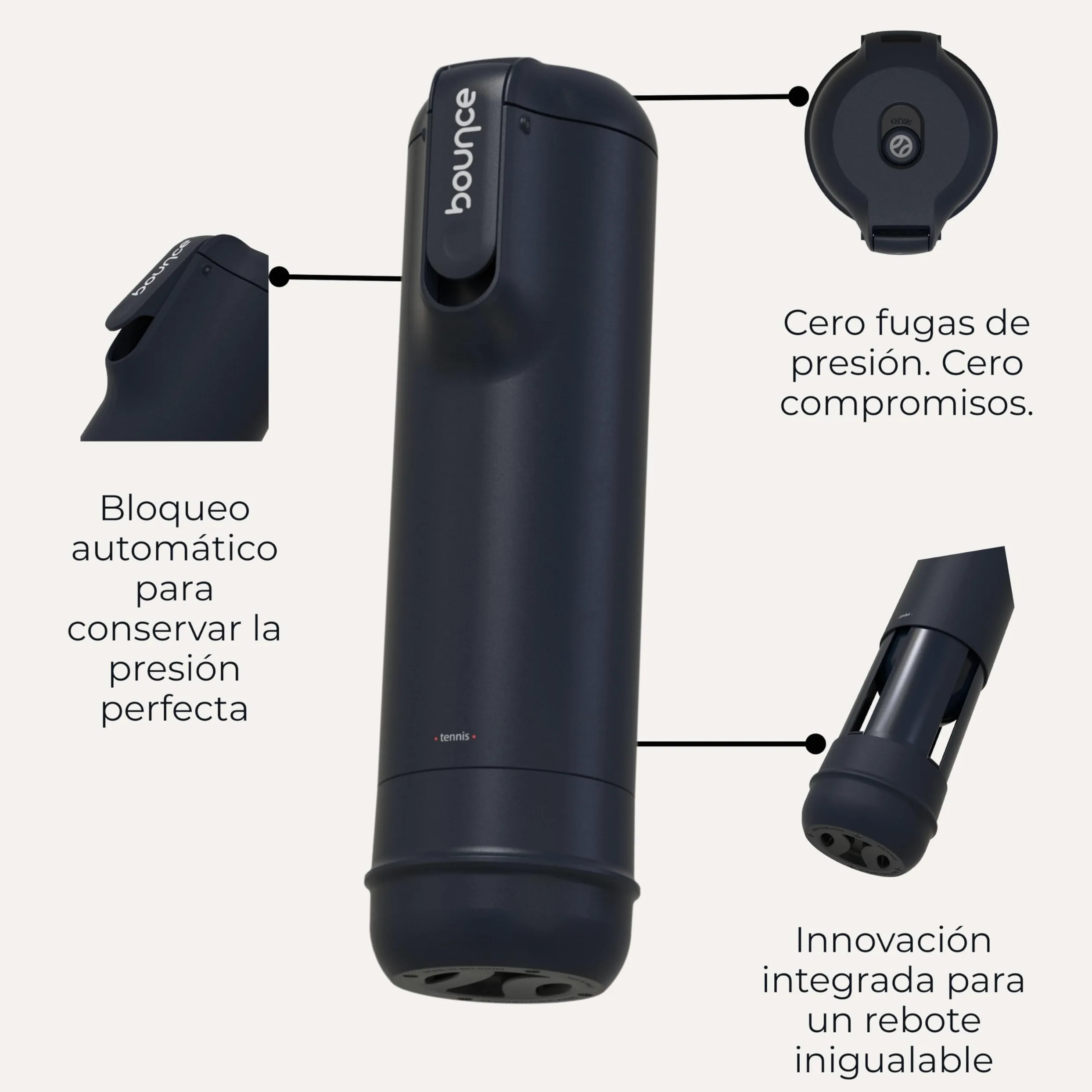 Bounce Tube – Presurizador de Bolas de pádel y Tenis – Vida útil x3 – Rebote conservado – Bomba integrada – Made in France