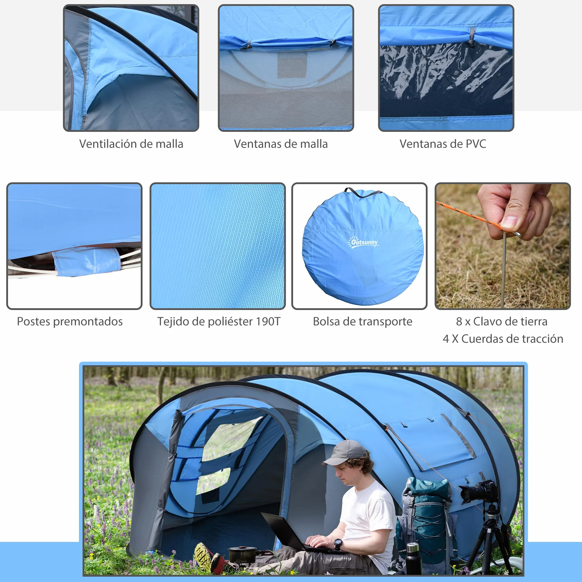 Outsunny Tienda de Campaña Pop up 4-5 Personas Impermeable Anti-UV 263,5x220x123 cm