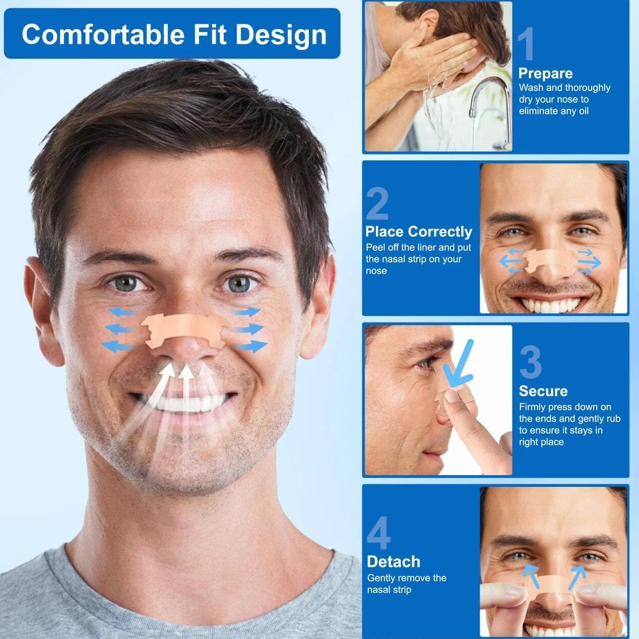 Tiras Nasales Antironquidos - Nasal Strips, 60 piezas Nose-Strips Tiritas Nariz Deportivas Dormir