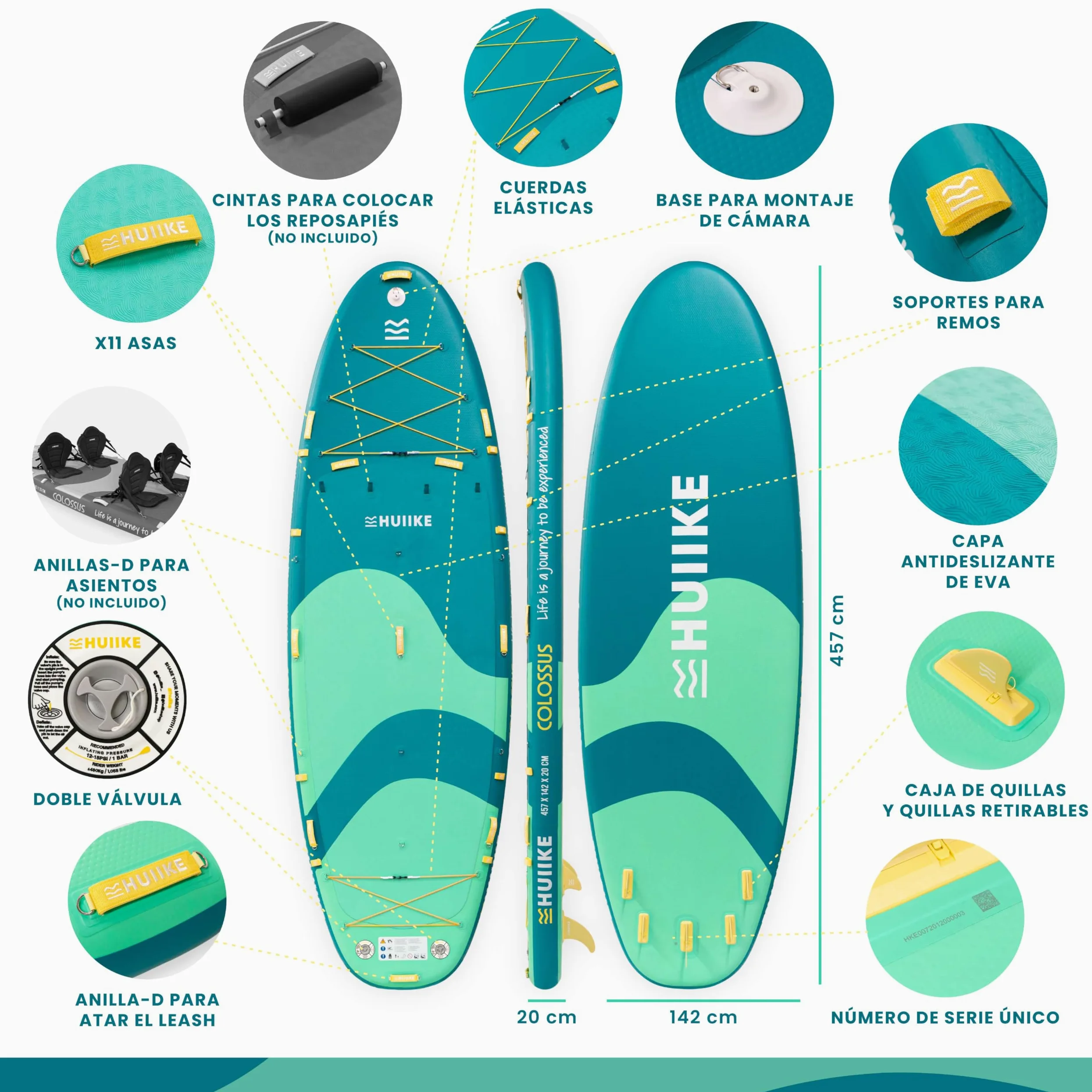 HUIIKE Tabla Paddle Surf Hinchable XXL 15' 4 Personas 480 kg con Accesorios | SUP Gigante con 4 Remos, 2 Infladores, 5 Quillas, Leash y Macuto. Stand Up Paddle Board Gran Estabilidad y Resistencia