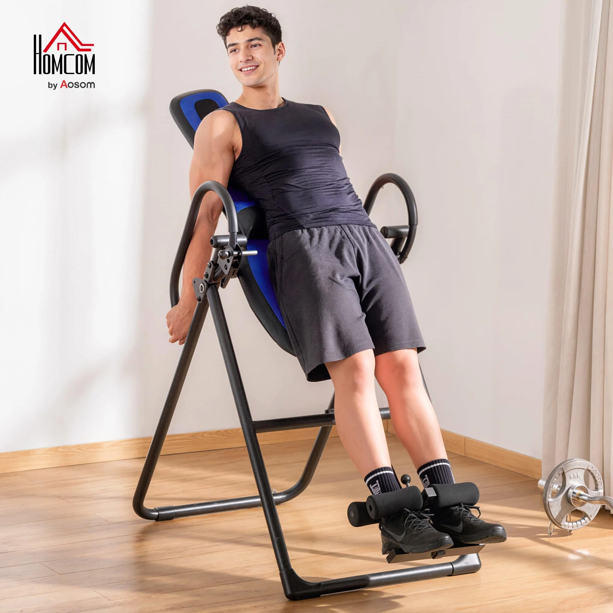 HOMCOM Tabla de Inversión Plegable con Ruedas, Altura Ajustable 140-203 cm, Banco de Inversión con Cinturón de Seguridad y Soporte de Lumbar, para Aliviar Espalda y Mejorar la Circulación