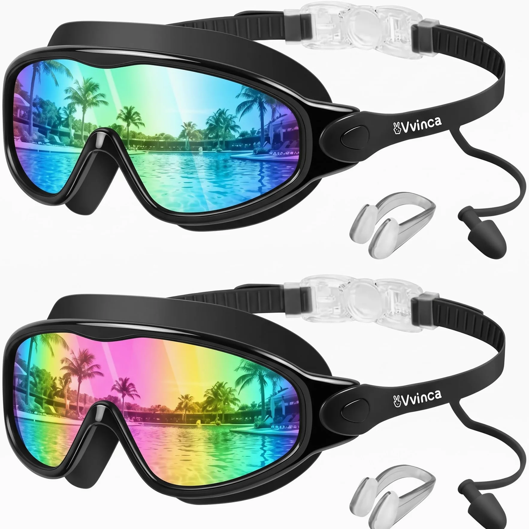 Vvinca Gafas de natación para niños con tapones para los oídos y clip para la nariz, visión amplia, antivaho, gafas de natación UV para niños y niñas de 3 a 15 años