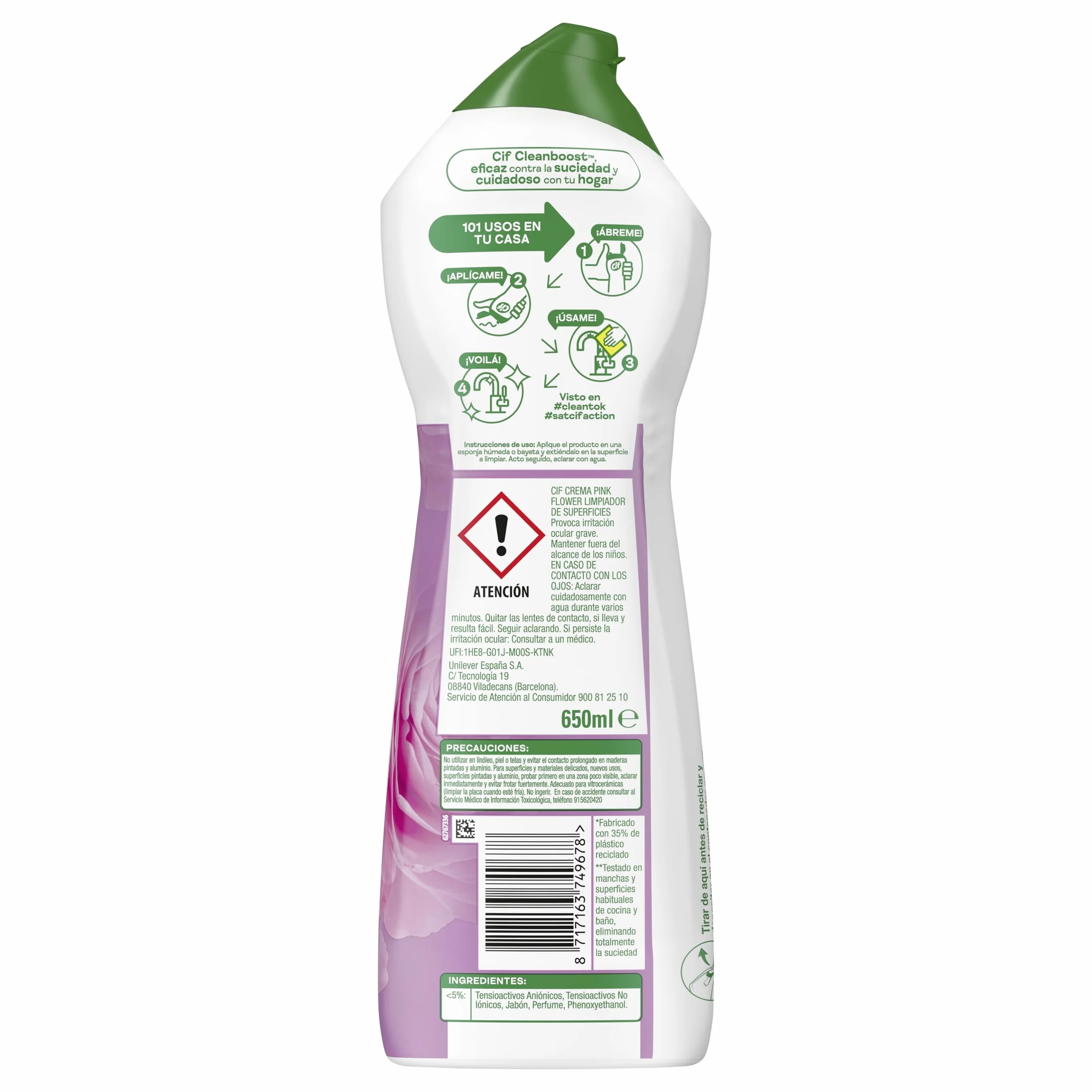CIF Crema Limpiadora Rosa 650 ml Limpiador Multiusos Baño y Cocina Fórmula Natural