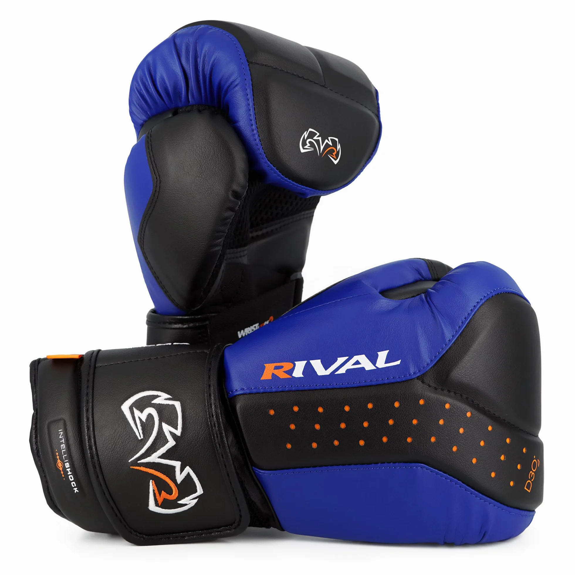 RIVAL Boxing RB10 Intelli-Shock - Guantes para bolsa, cierre de velcro, ajuste ergonómico, 1.25 pulgadas de espuma de celda cerrada para uso intensivo de bolsa, negro/azul, L