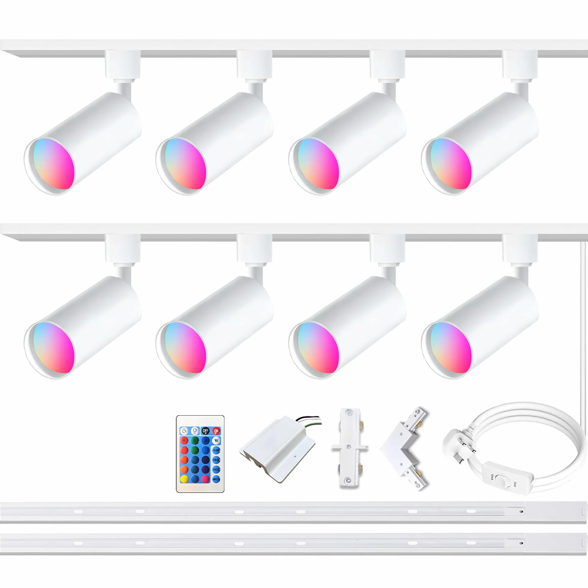 GU10 16-Color RGB Track Lighting Kit, 8-Pack Color Changing Spotlights with 2x1.5M H-Rail, IR Remote