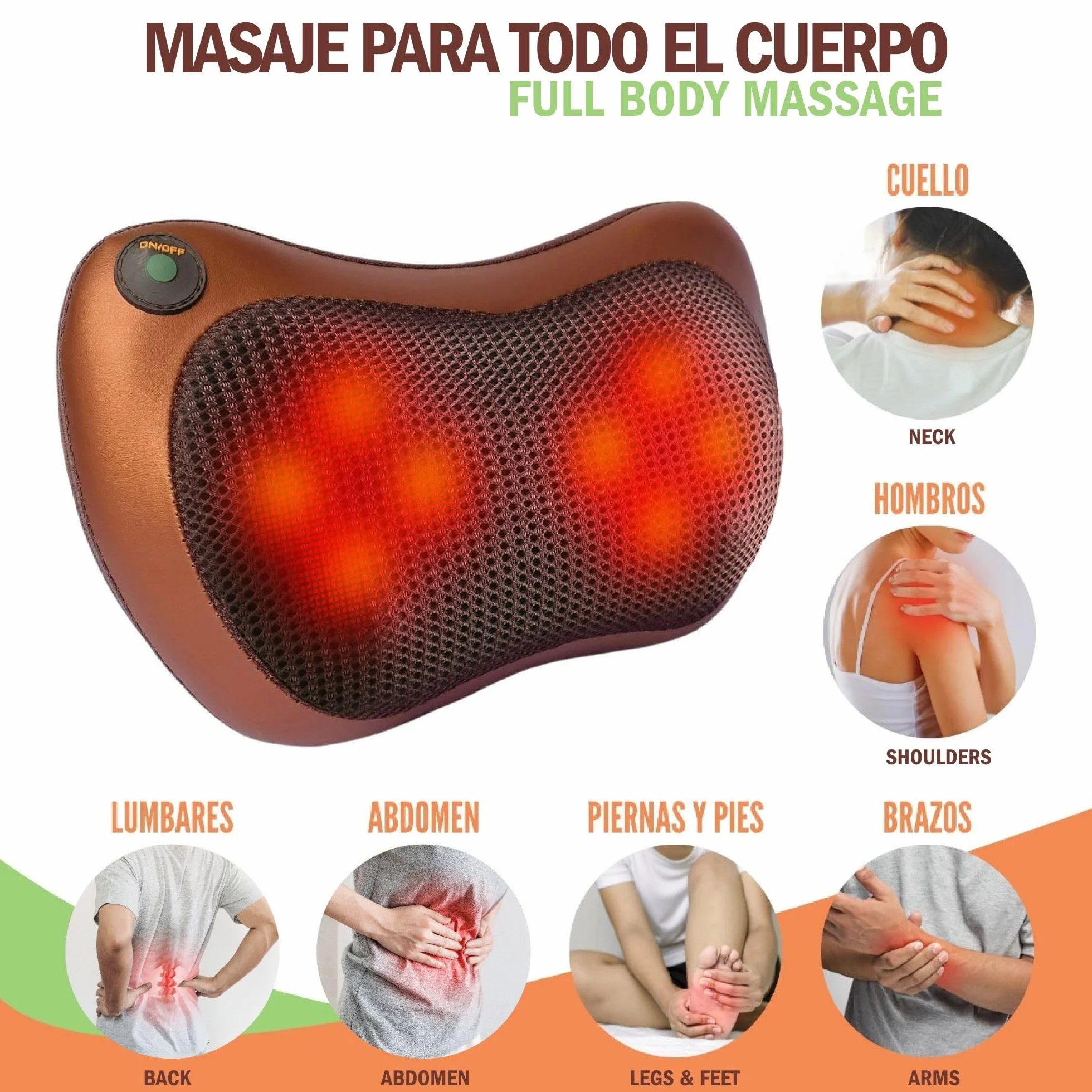 Masajeador Cervical y Espalda Cojín Eléctrico con Calor Funda Extra Marrón Almohada Shiatsu 8 Rodillos
