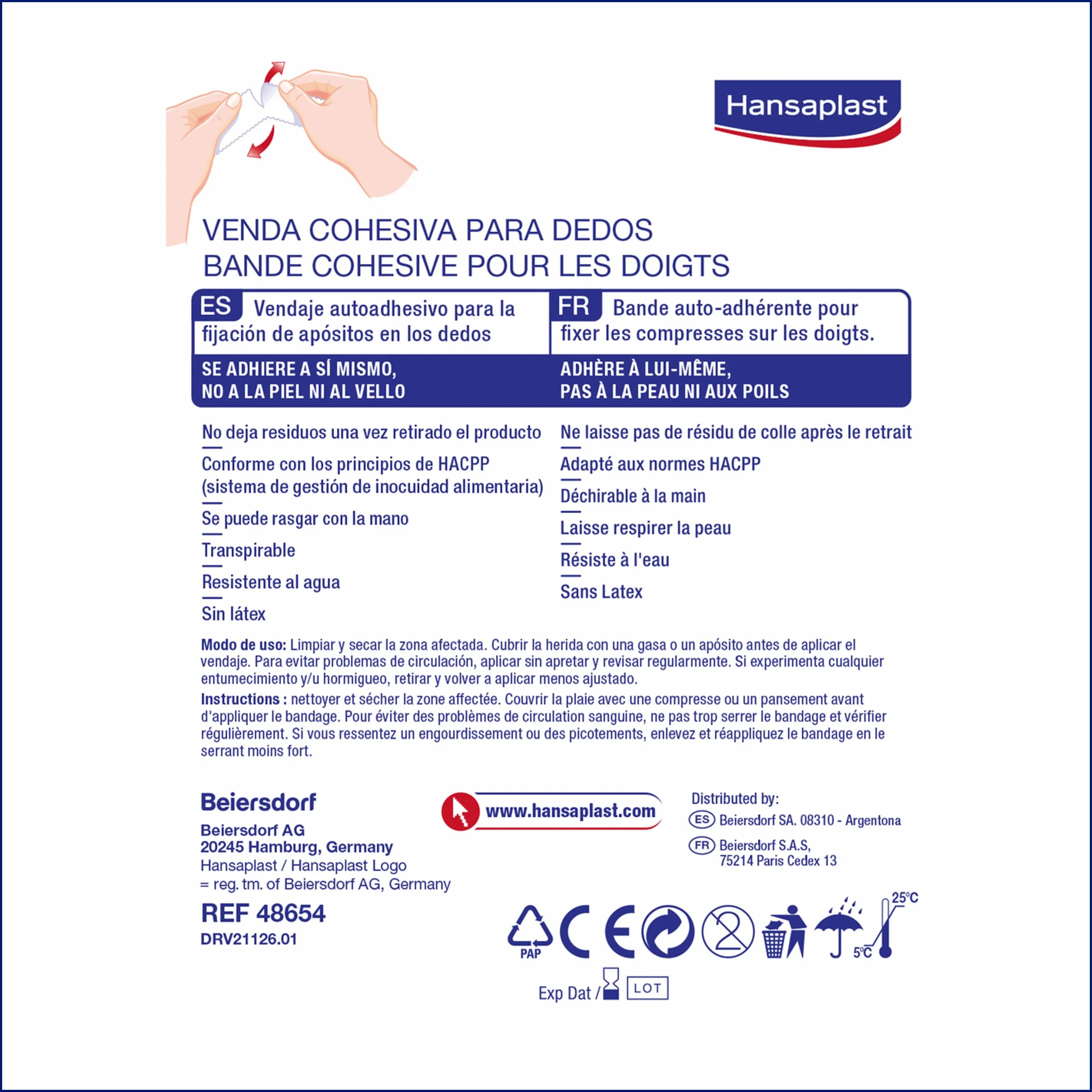 Hansaplast Venda cohesiva 5 m x 2,5 cm autoadhesiva resistente al agua transpirable