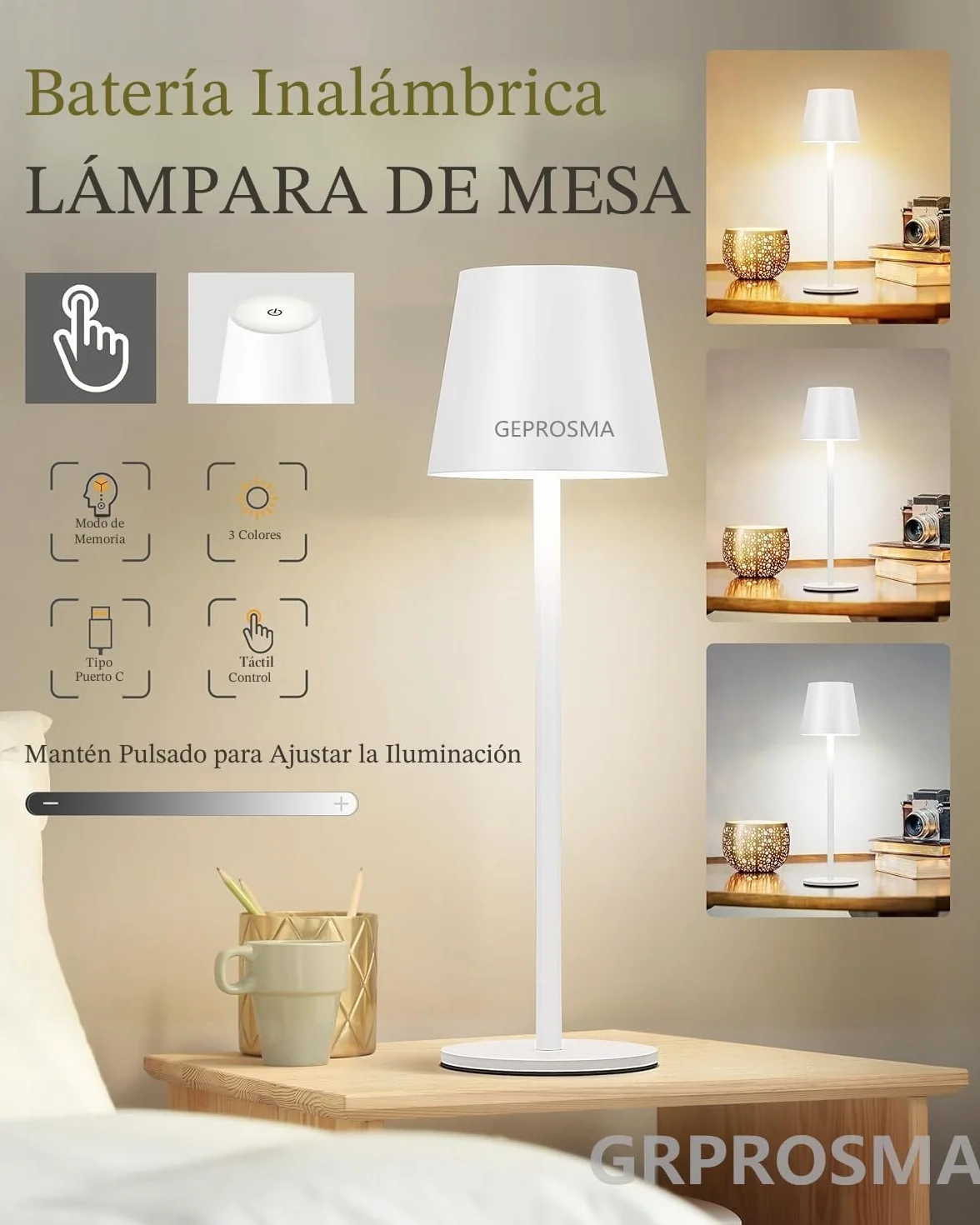 Lamparas de Mesita de Noche sin Cable 2 Piezas, 38CM Metal Lampara Inalambrica de Mesa Recargable 5200mAh IP54 USB C