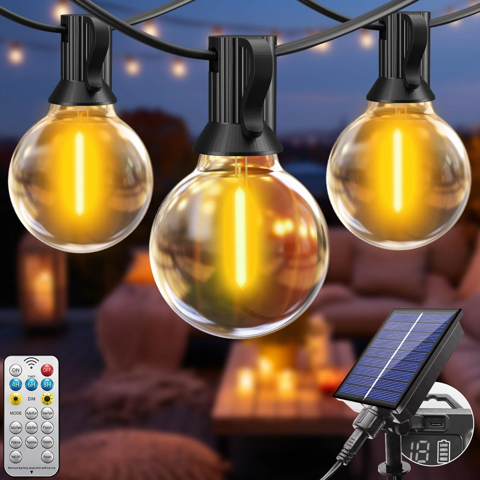 btfarm Guirnaldas Luces Exterior Solar Mando a Distancia 5M 10+1 G40 Bombillas LED Impermeable 8 Modos Blanco Cálido