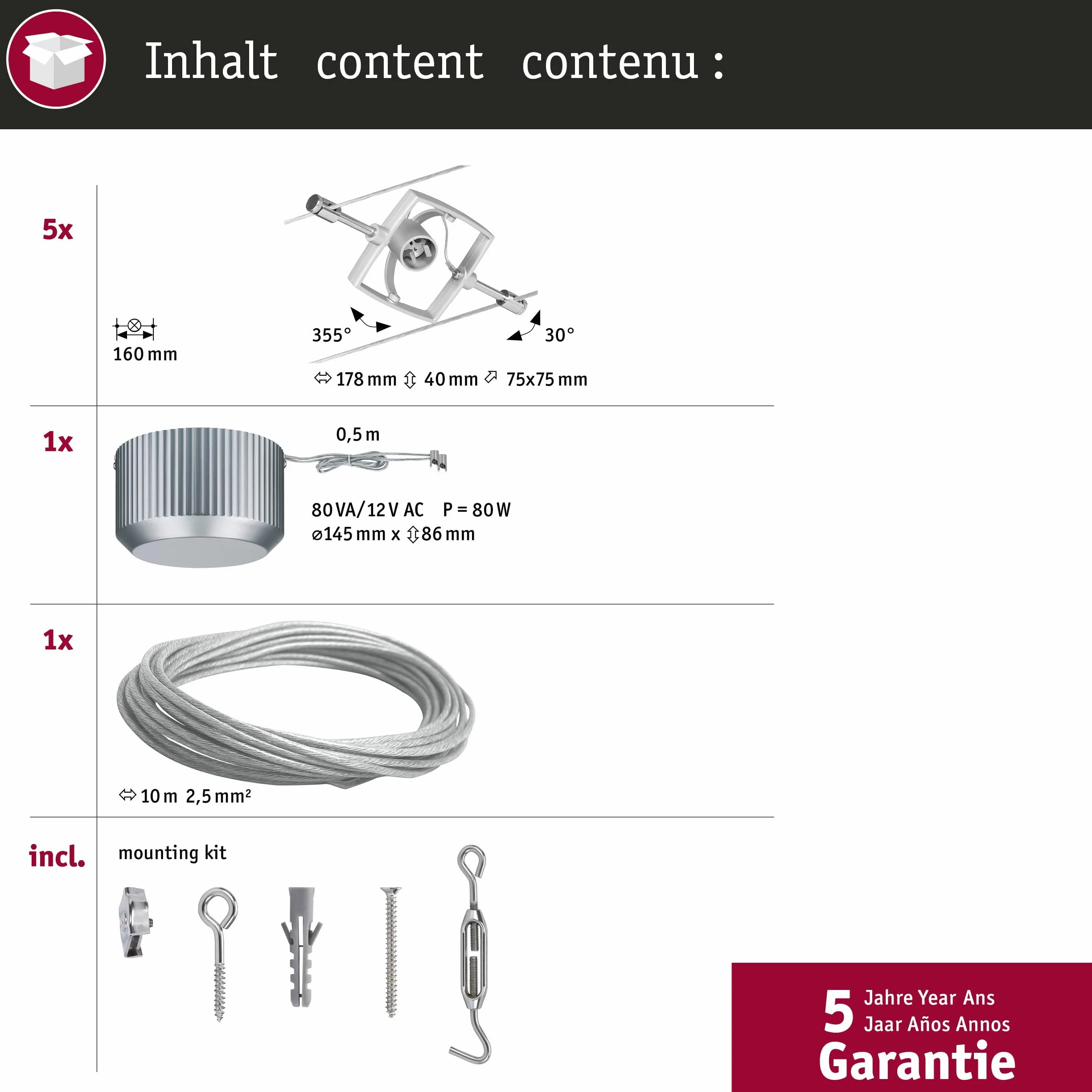 Paulmann Mac II Kit Sistema Cableado Iluminación Luces Colgantes 5x10 W Cromado Mate