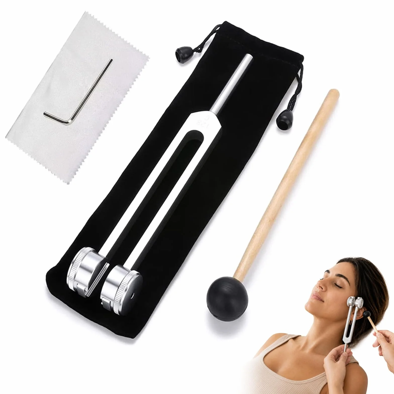 Aureva Lumyra Diapasón Terapéutico 128 Hz con Martillo de Goma, Bolsa y Paño para Meditación y Yoga