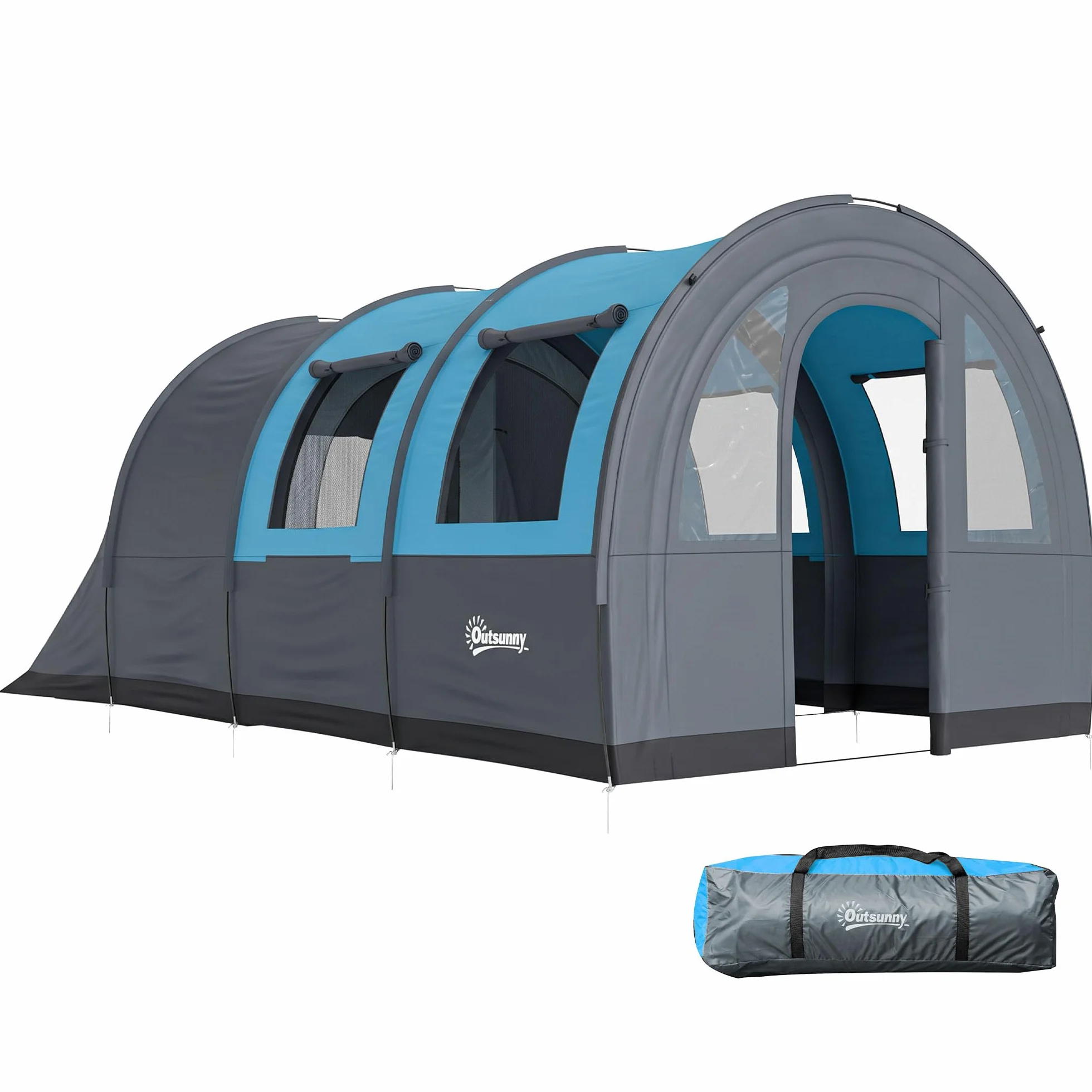 Outsunny Tienda de Campaña Familiar para 3 Personas Tienda de Camping Plegable Impermeable 3000 mm con 2 Habitaciones Puertas y Bolsa de Transporte para Senderismo 480x260x200 cm Gris
