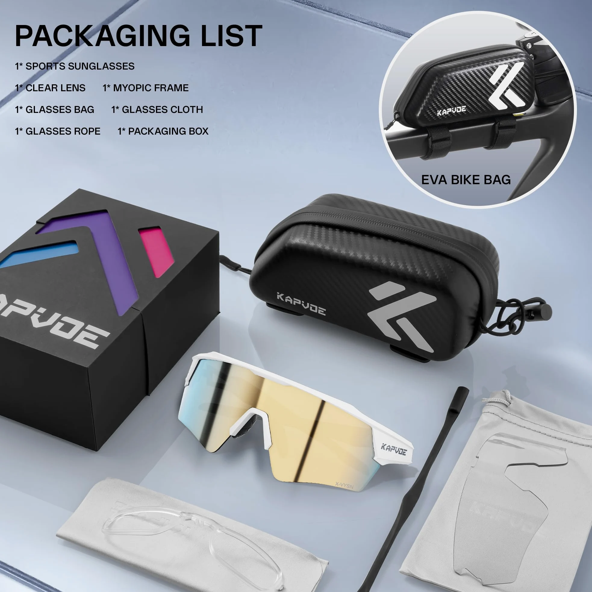 KAPVOE Gafas de Ciclismo 2 Lentes X-VYSN UV400 Hombre Mujer K198 | 2 lentes intercambiables, alto contraste X-VYSN, UV400, patillas flexibles con núcleo metálico