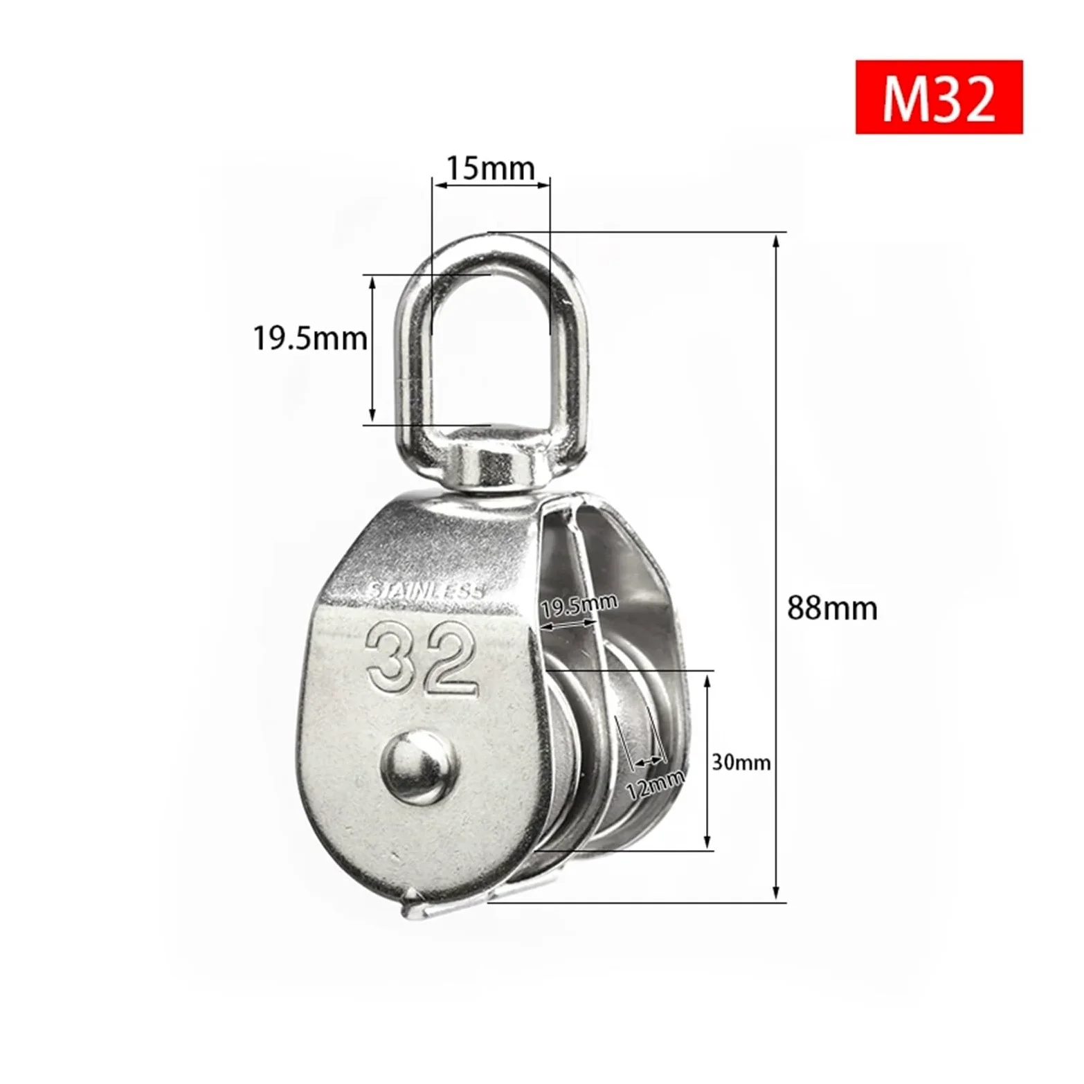 Polea de elevación de acero inoxidable, herramienta de polea de cuerda de doble rueda M15/M25 de 32 mm, equipo de elevación giratorio para elevación resistente