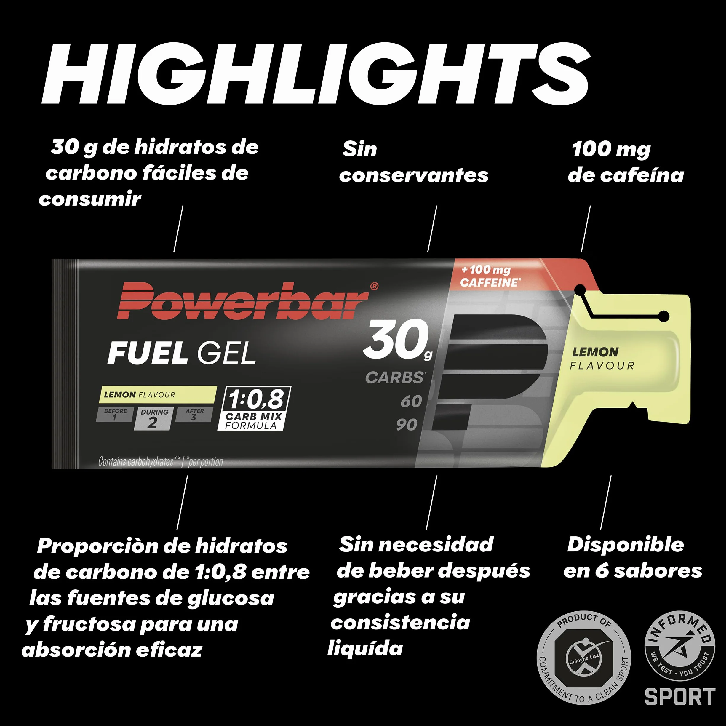 Powerbar Fuel 30 Gel Lemon 12x50ml Gel Energético Alto en Carbohidratos 100mg Cafeína
