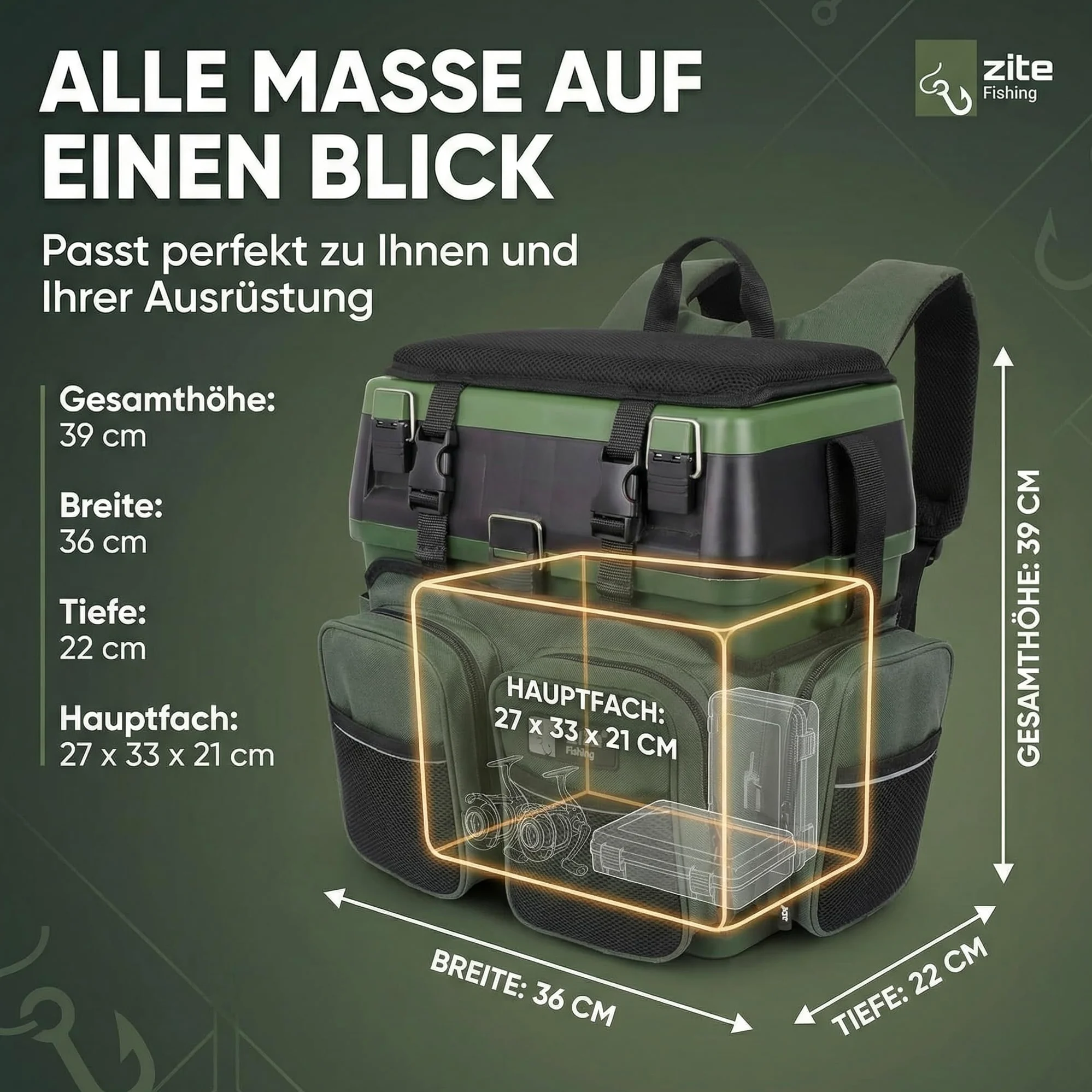 Zite Fishing Mochila Multifuncional con Asiento - Incluye 4 Cajas de plástico en la Tapa - Ideal para Guardar Accesorios de Pesca
