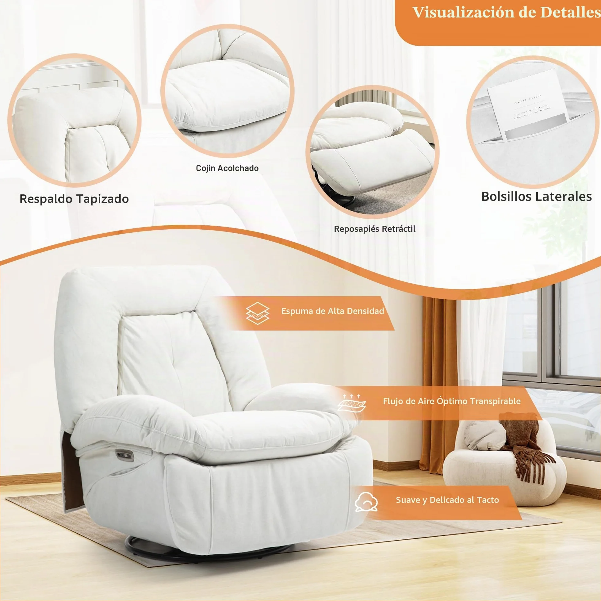 Sillón de Relax Eléctrico con Masaje, Calefacción y Vibración, Giratorio, Puertos USB-C, Reclinable para TV, Salón (Blanco)
