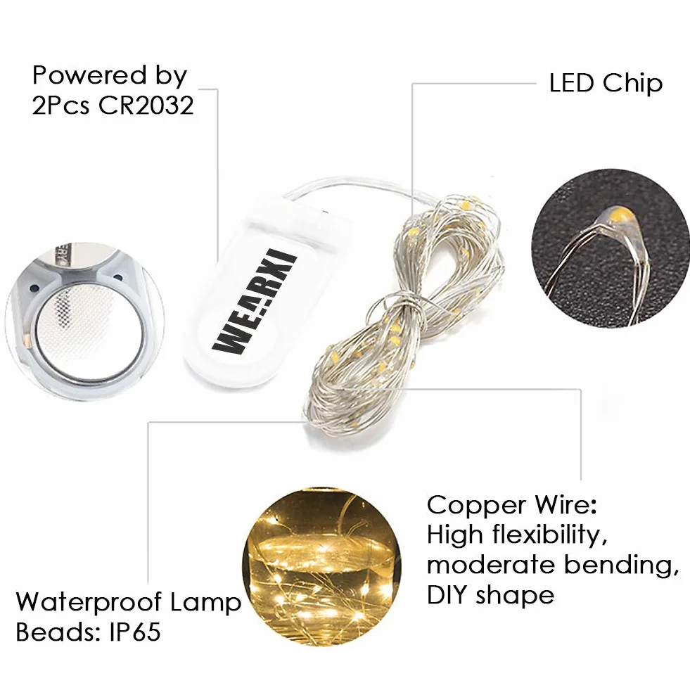 WEARXI Guirnalda Luces Interior 10 Piezas 2M 20 Mini LED Cadena de Luces Decorativas Blanco Cálido
