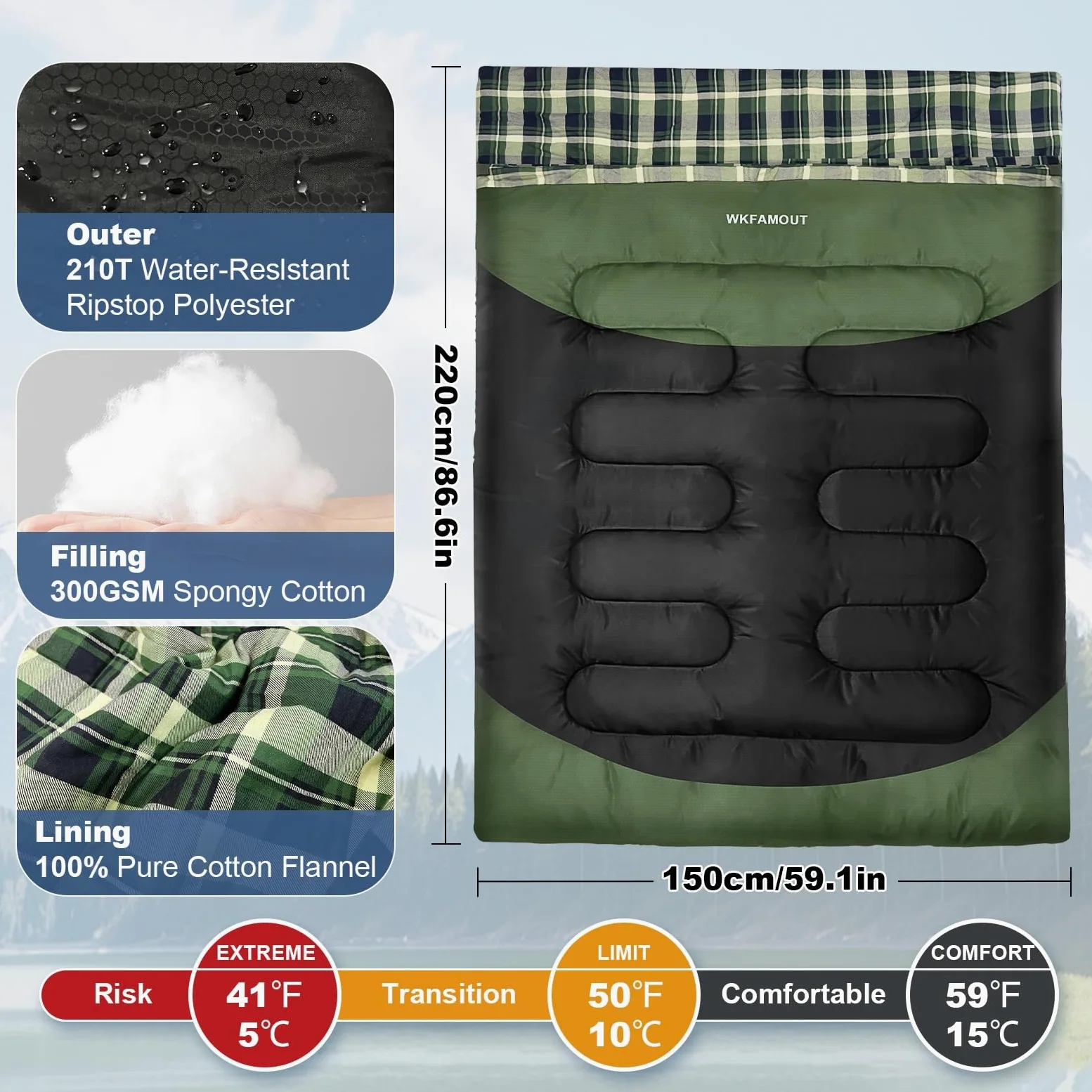Saco de Dormir Doble de Franela de algodón 220 x 150 cm para Adultos 3-4 Estaciones Saco de Dormir Doble para Exteriores Mantente Caliente Impermeable para Camping Senderismo o Senderismo