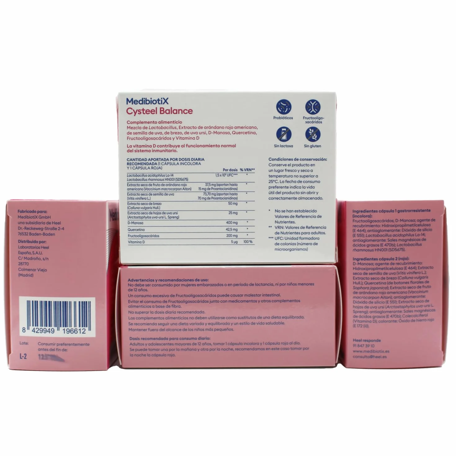 Cysteel Balance Heel Probióticos y Prebióticos D-Manosa y Arándano Rojo Bienestar Urinario Salud Íntima Femenina Cápsulas Gastrorresistentes 30+30